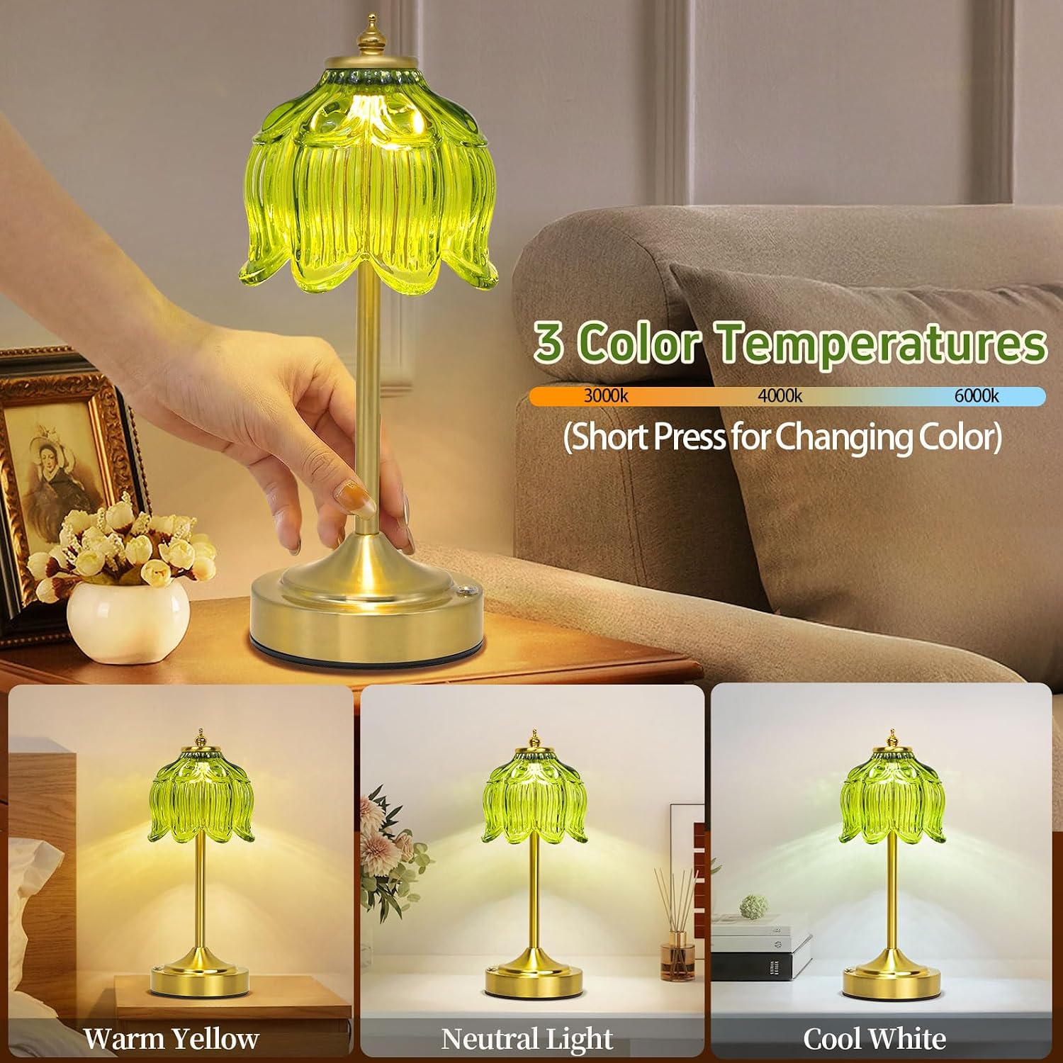Cordless Lotus Flower Table Lamp, 5200mAh Rechargeable Battery Operated Portable Lamp, 3-Color Dimmable Touch Control Small Desk Lamp for…