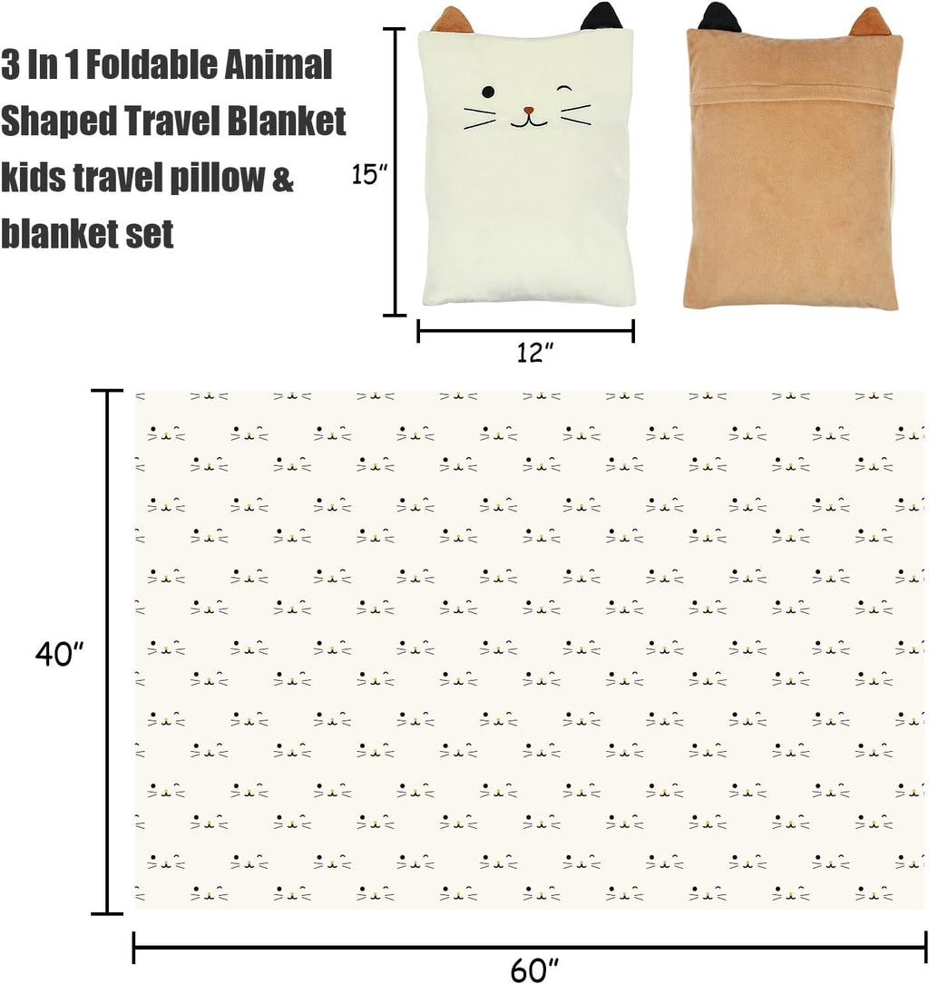 VigorSpring 3-in-1 Cat Travel Blanket and Pillow Set for Kids, Soft Snuggle Pillow with Hand Warmer, 40x60 Inch Cute Cat Blanket, Compact f…