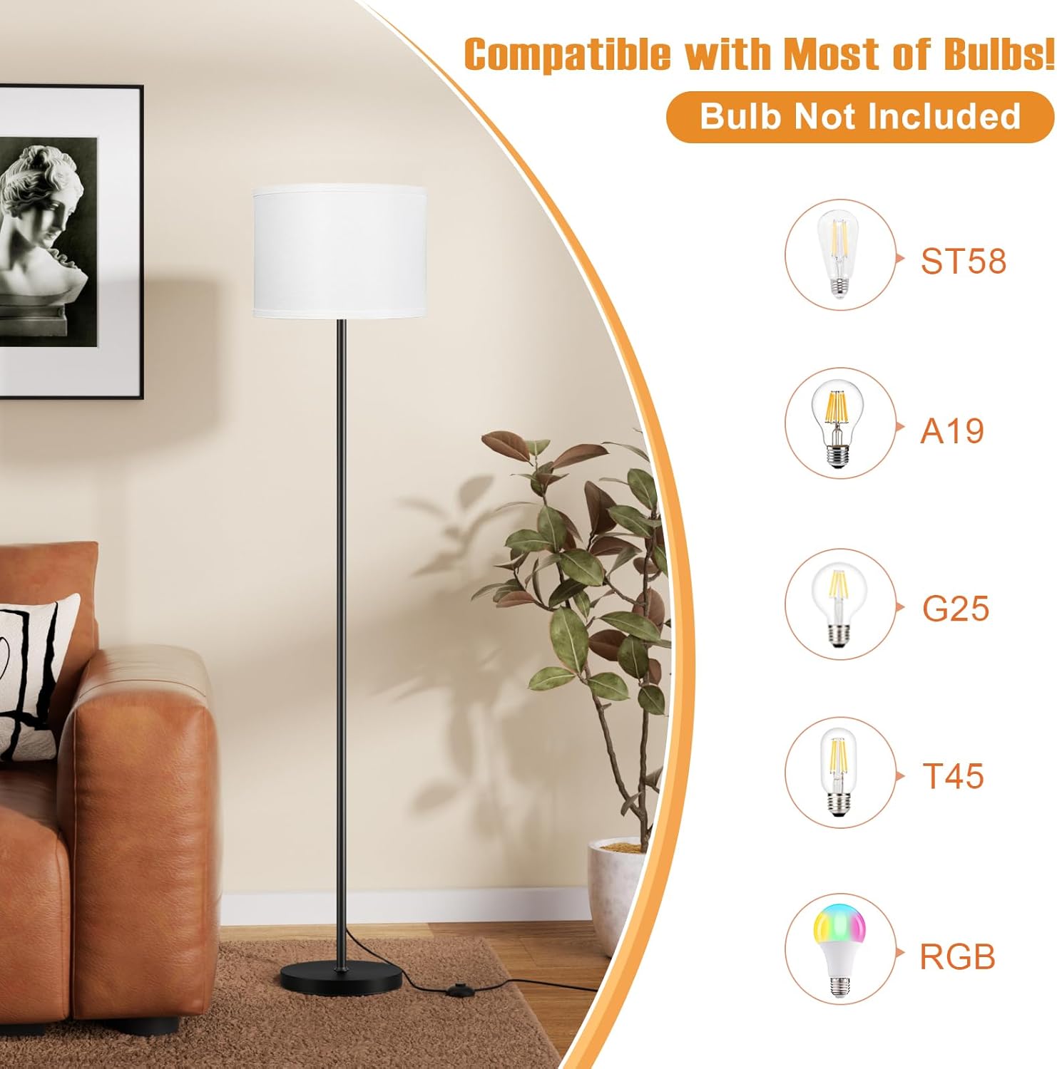 Modern Floor Lamp Simple Design with White Shade, Foot Pedal Switch, 60" Small Tall Lamps for Living Room Bedroom Office Dining Room…