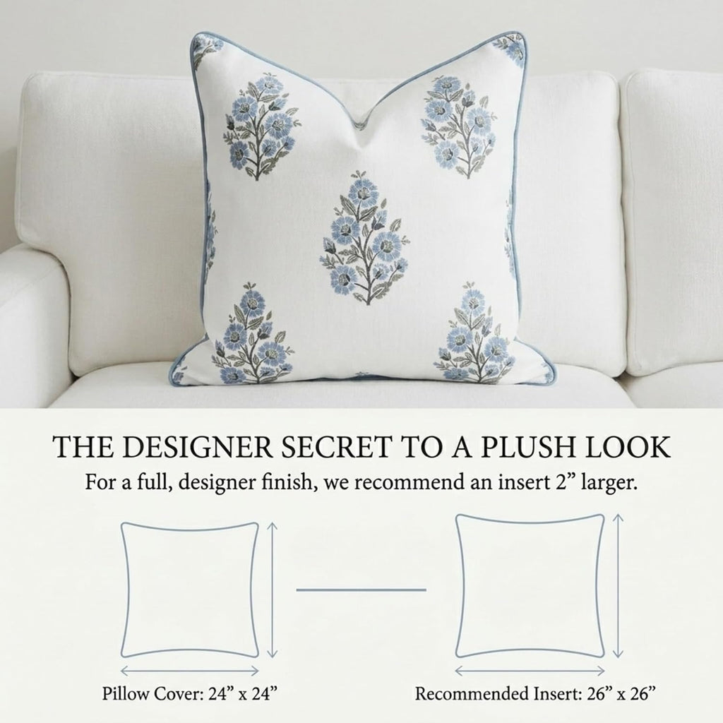 Jillien Harbor “The Camille” Decorative Pillow Cover – Blue & Whitel Floral Block Print Pillow Cover – Grandmillennial Home Decor, 24" x 24"