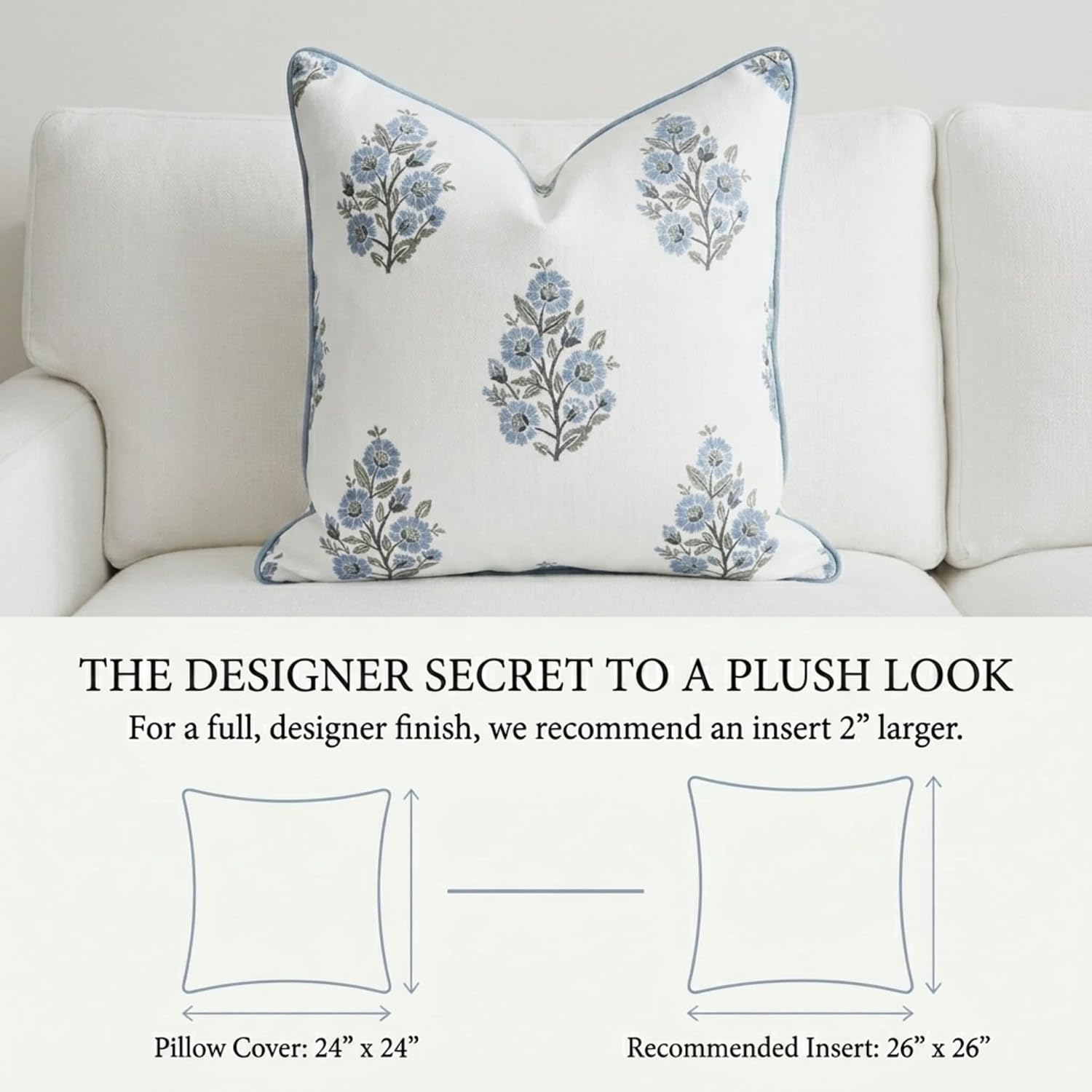 Jillien Harbor “The Camille” Decorative Pillow Cover – Blue & Whitel Floral Block Print Pillow Cover – Grandmillennial Home Decor, 24" x 24"