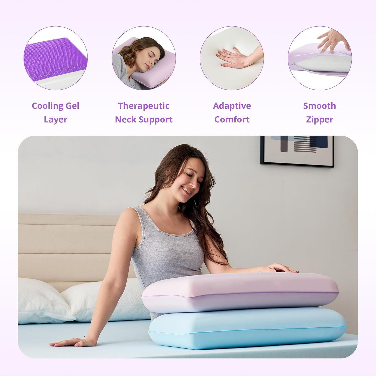 Gelsea Cooling Gel Memory Foam Pillow - Reversible Design, Neck Support for Side, Back, Stomach Sleepers, Standard Size, Removable & Machin…