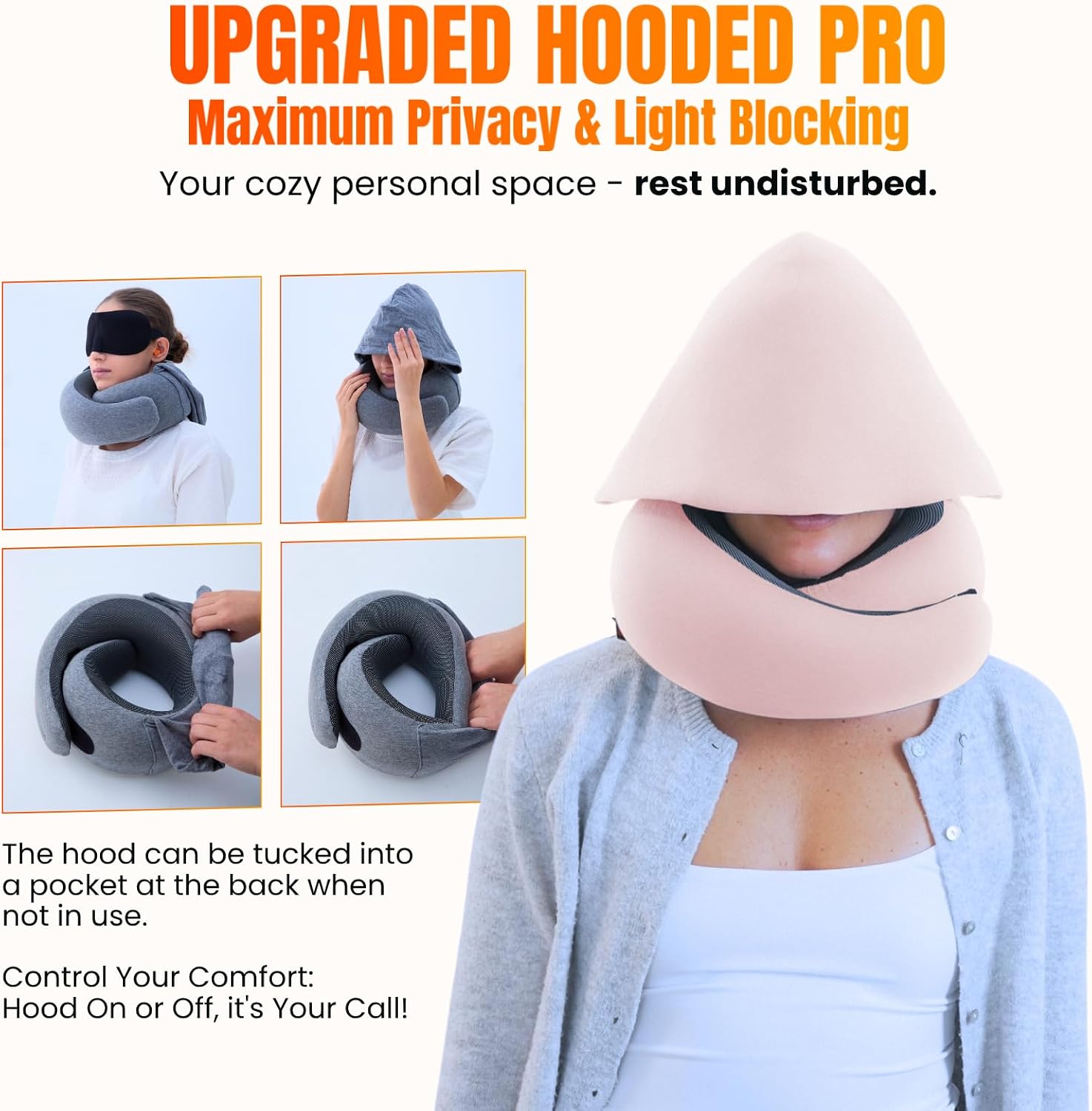 LOEXAIRTM Hooded Pro Travel Pillow - Memory Foam Neck Support Pillow for Airplane, Flight - Super-Soft Pure Cotton Fabric, Maximum Privacy…