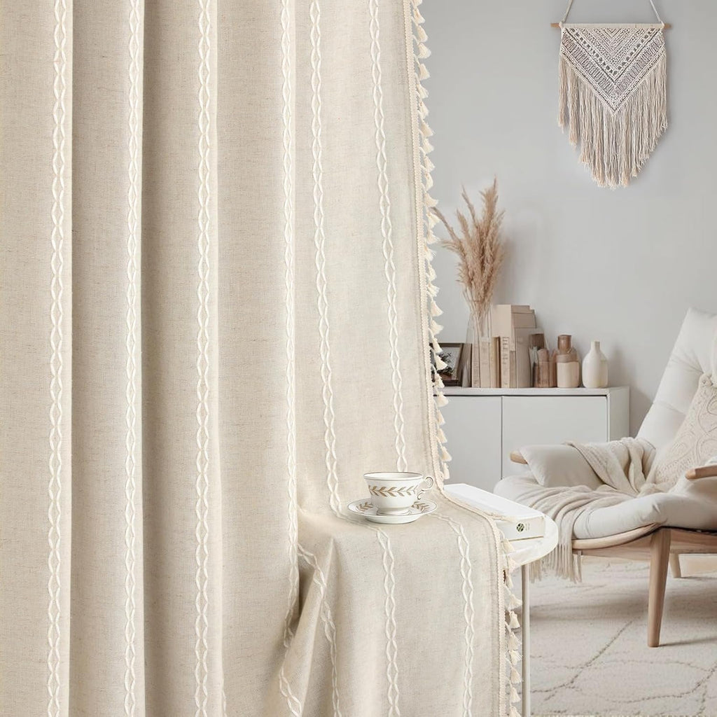 XOGUIBO Boho Blackout Curtains 90 Inches Long Beige Linen Blend 2 Panels with Tassels and Cotton Embroidery, Farmhouse Vintage Rusti…
