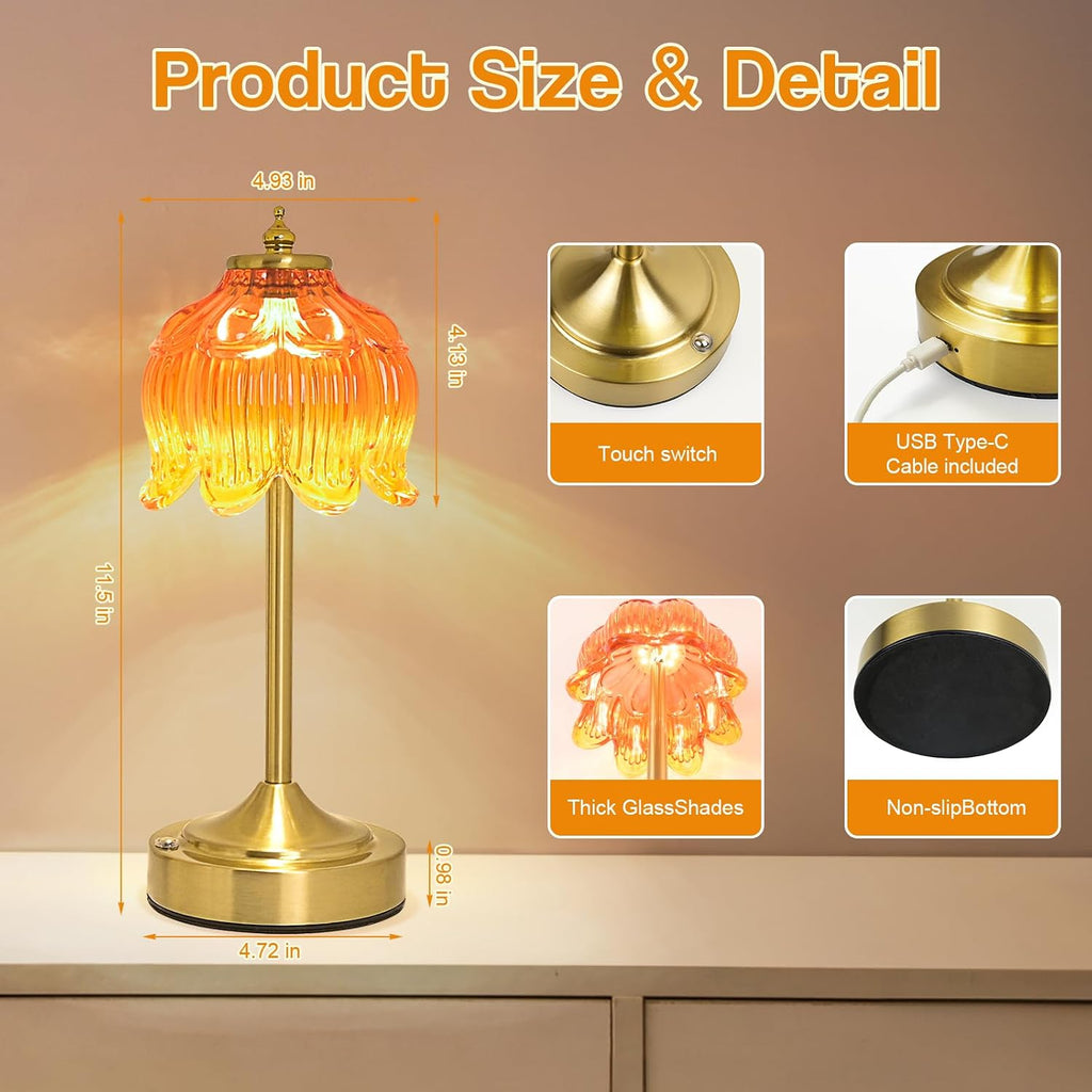 Crkwos Cordless Lotus Flower Table Lamp, 5200mAh Rechargeable Battery Operated Portable Lamp, 3-Color Dimmable Touch Control Small D…