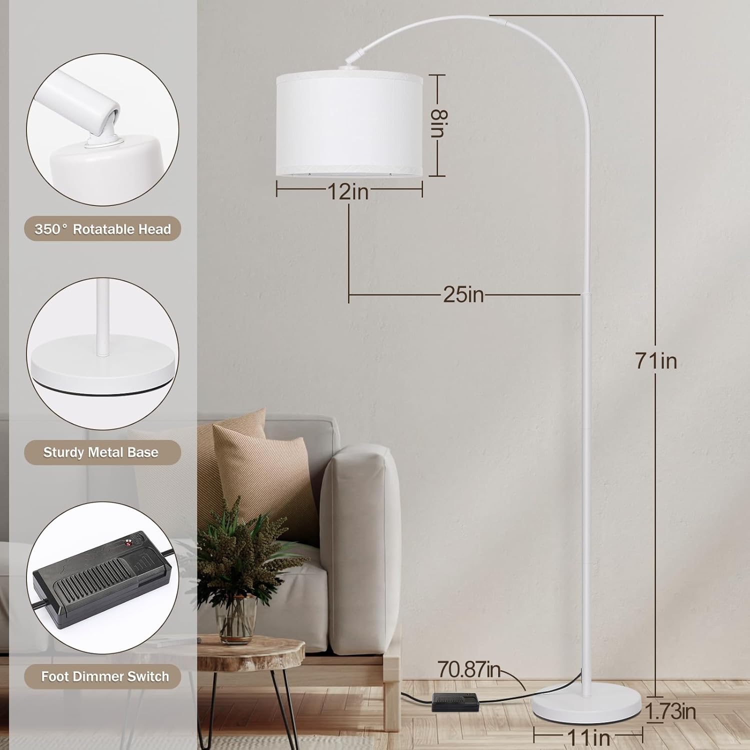 Seaside village Standing Lamp for Living Room, Dimmable Arc Floor Lamp with White Adjustable Hanging Shade, Modern Pole Lamp Tall Reading…