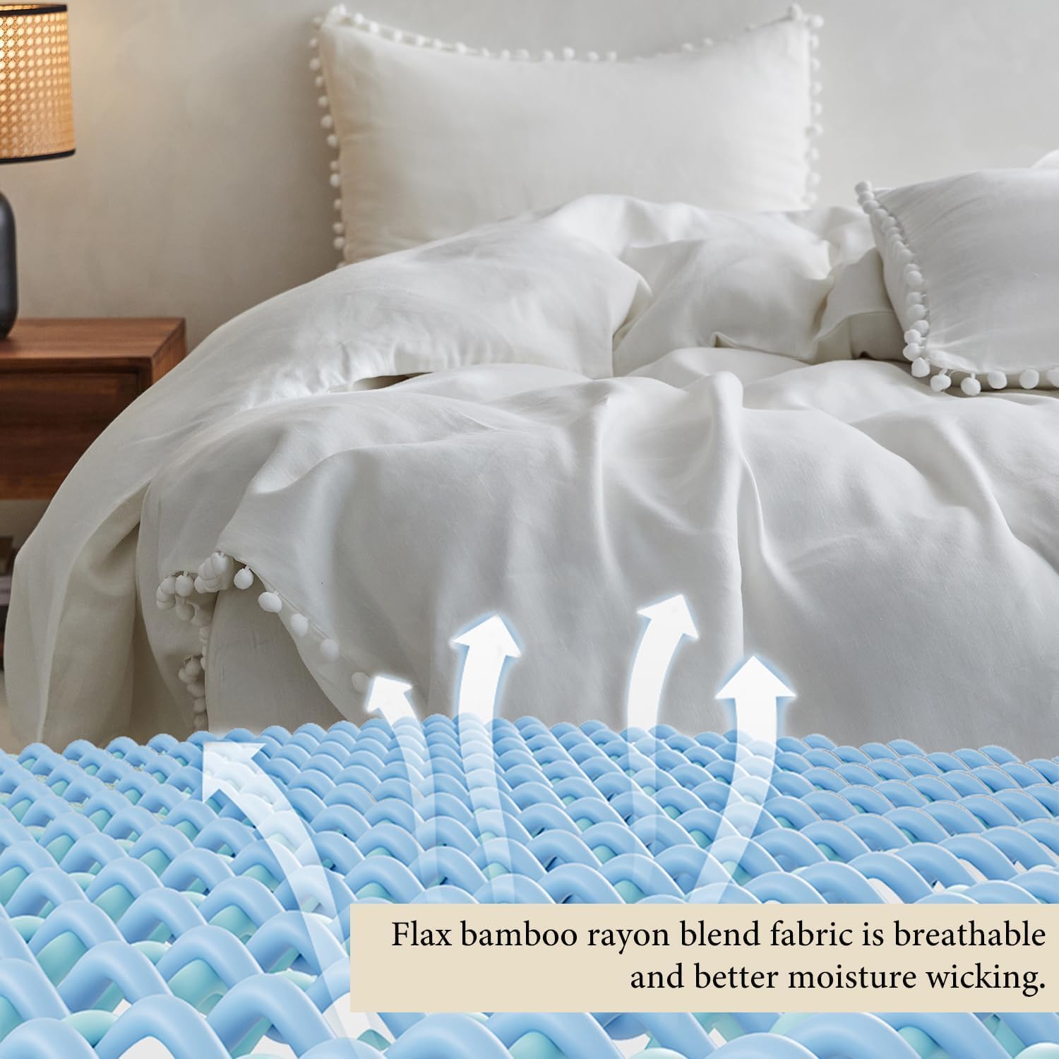 Simple&Opulence French Linen Blended Duvet Cover King, Flax Viscose Derived from Bamboo Bedding Set with Pom Pom Trim Soft Cooling for…