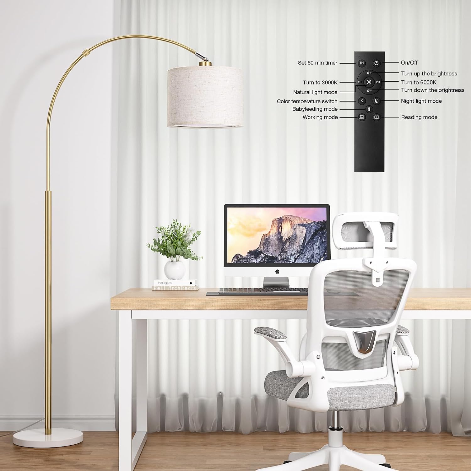 Ambimall Dimmable Arc Floor Lamp with Remote, Color Temperatures and Brightness Adjustable, Arched Floor Lamp with Rotating Head, Over…