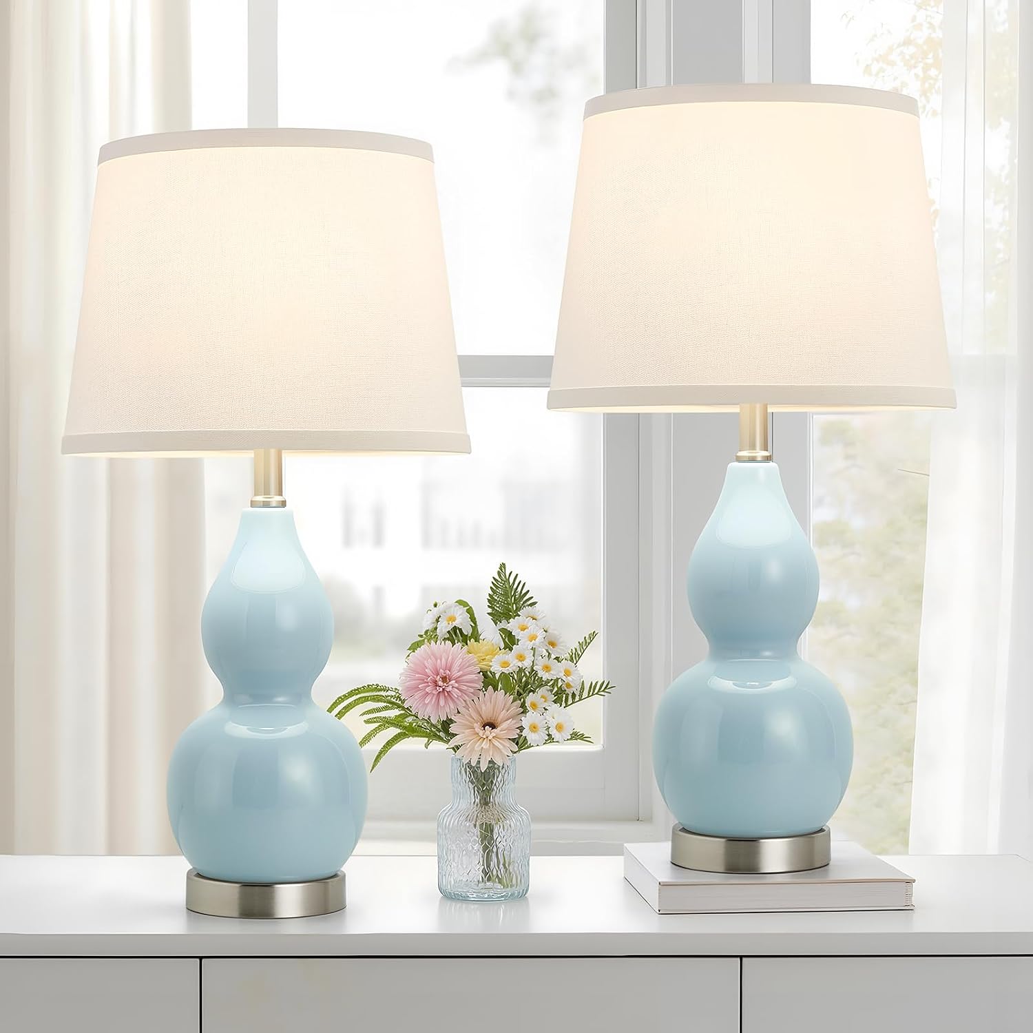 WelcomeGyroVu GyroVu 22" Table Lamp Set of 2, Color Temperature Adjustable Double Gourd Ceramic Lamps Classic Nightstand Table Lamps for Be…
