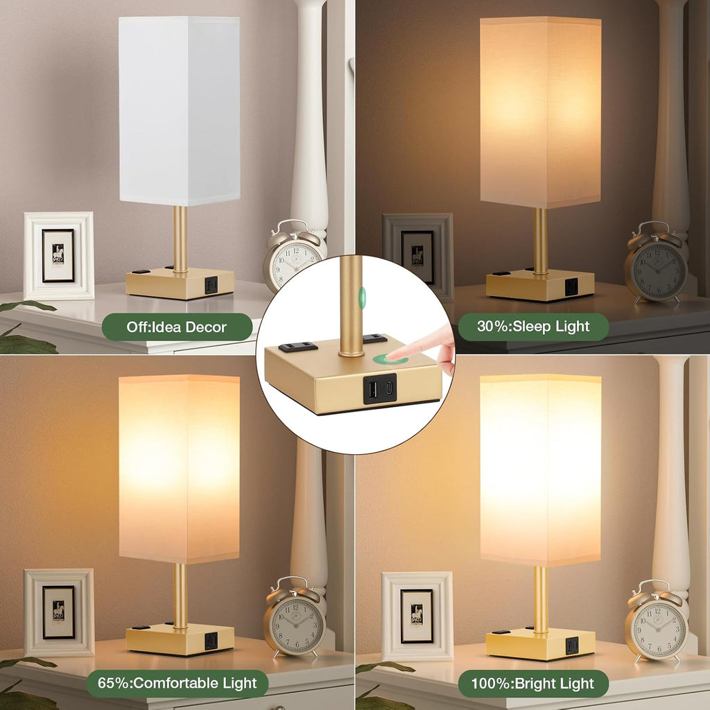 aooshine Gold Base Touch Lamps Set of 2 - Nightstand Lamp with USB-C + A Charge Ports & AC Outlets, 3-Way Dimmable Bedside Lamp, Small…
