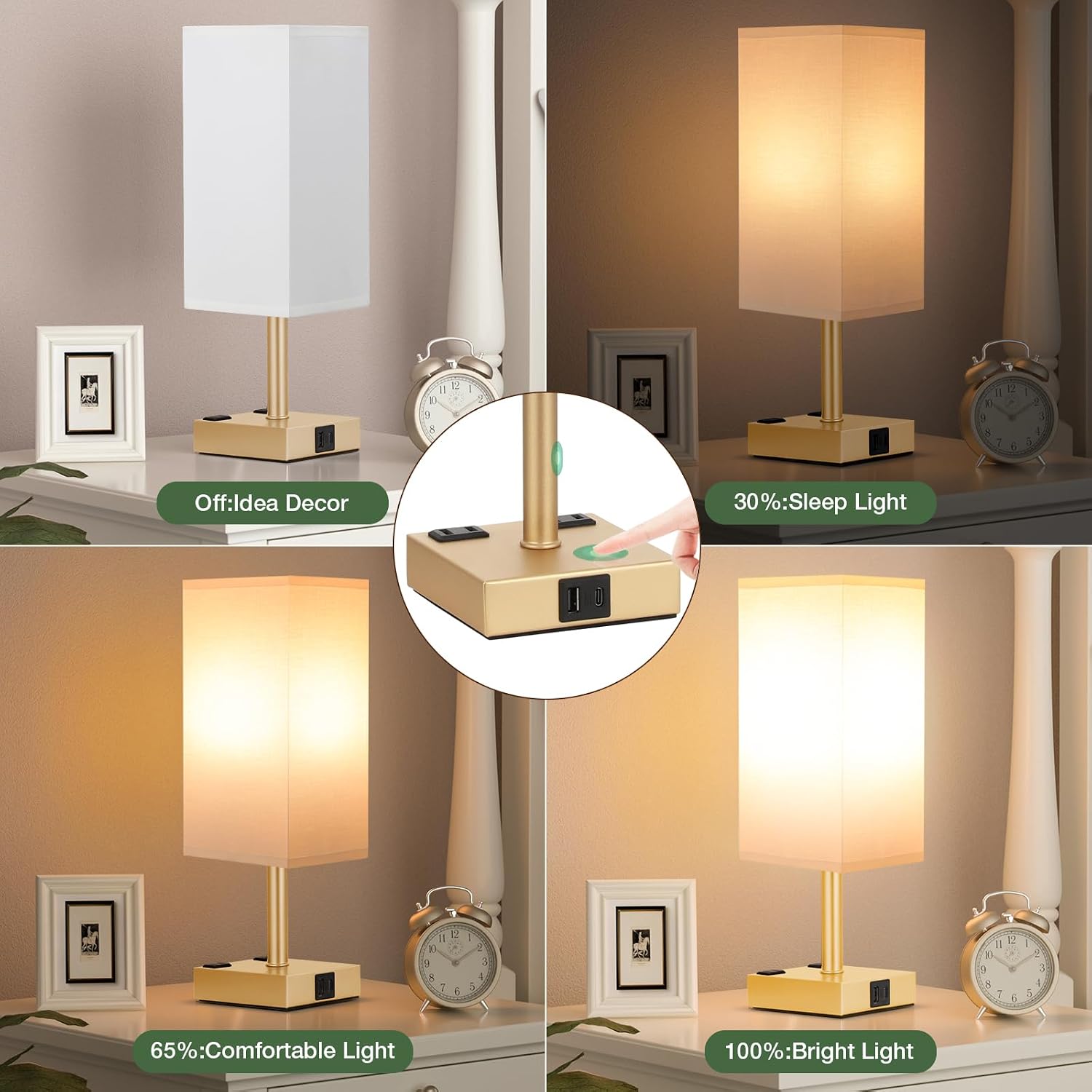 aooshine Gold Base Touch Lamps Set of 2 - Nightstand Lamp with USB-C + A Charge Ports & AC Outlets, 3-Way Dimmable Bedside Lamp, Small…