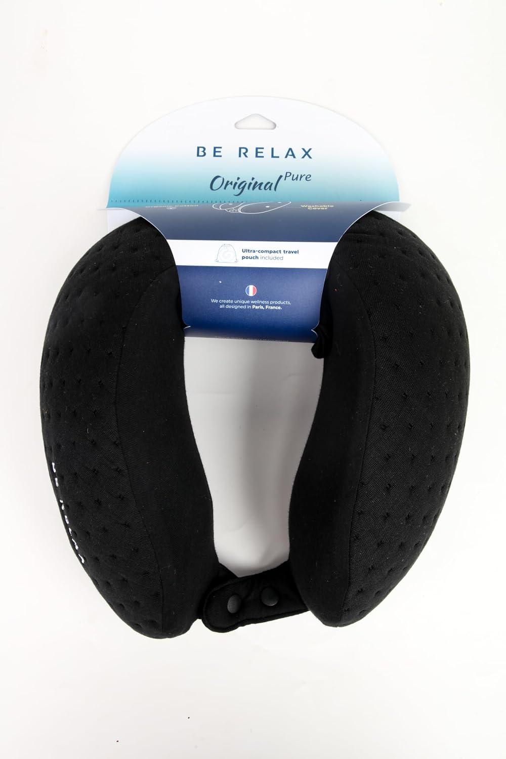 Be Relax Pure Travel Pillow Made of Inner-Side Organic Cotton, Reusable Heat Patch and Ergo Smart Flatback (Solid Black)