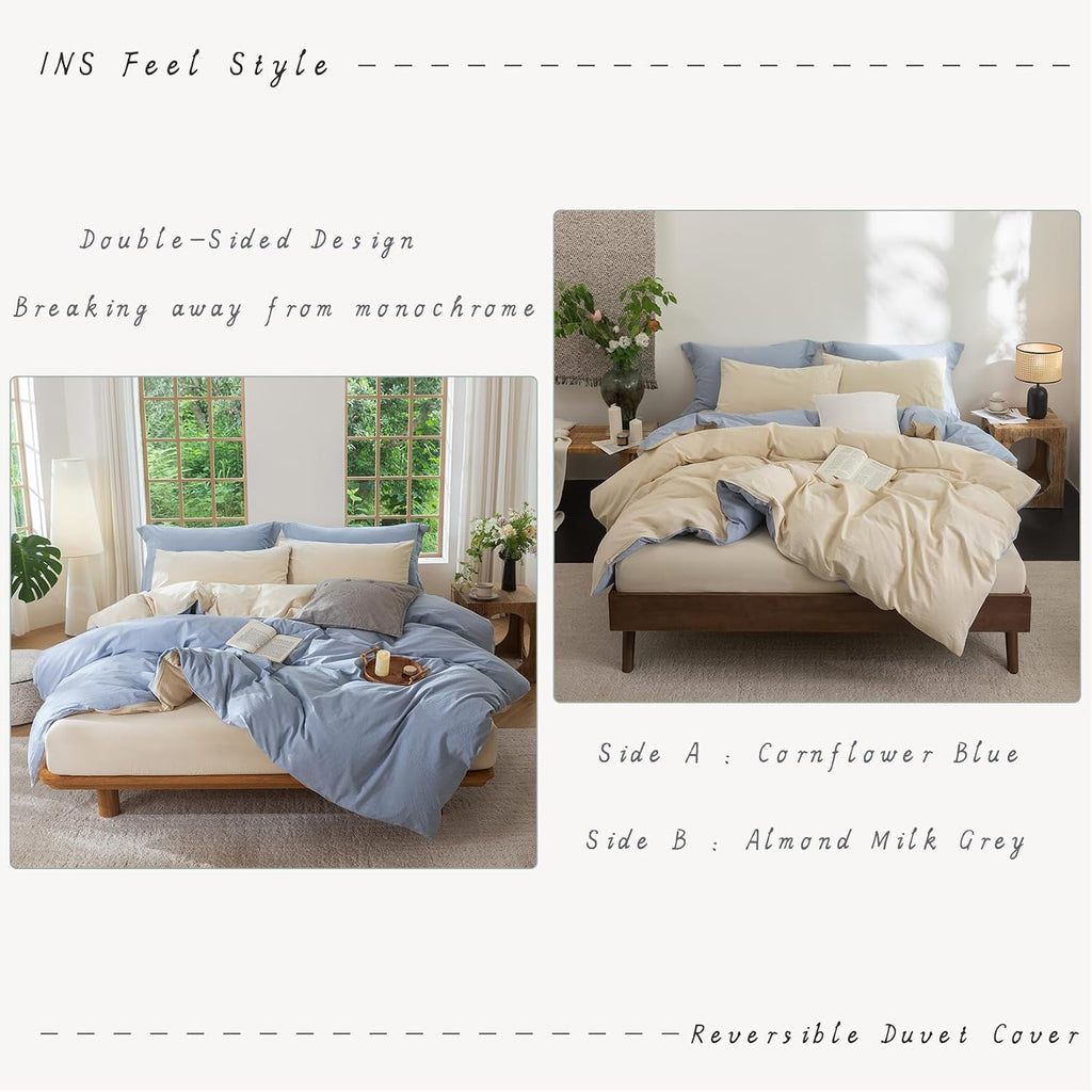 Bdear 3 Pieces Reversible Duvet Cover Set Oversized Queen Size 98x98 inch,100% Washed Cotton Duvet Cover Plus 2 Pillowcases, Double Sided w…