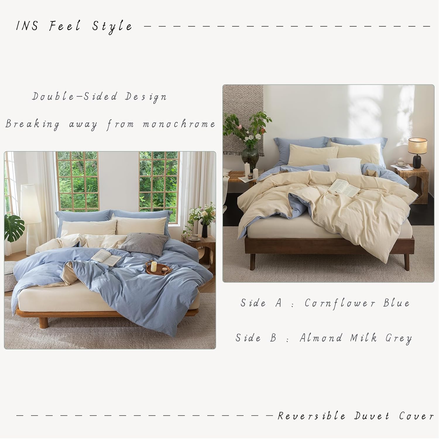 Bdear 3 Pieces Reversible Duvet Cover Set Oversized Queen Size 98x98 inch,100% Washed Cotton Duvet Cover Plus 2 Pillowcases, Double Sided w…