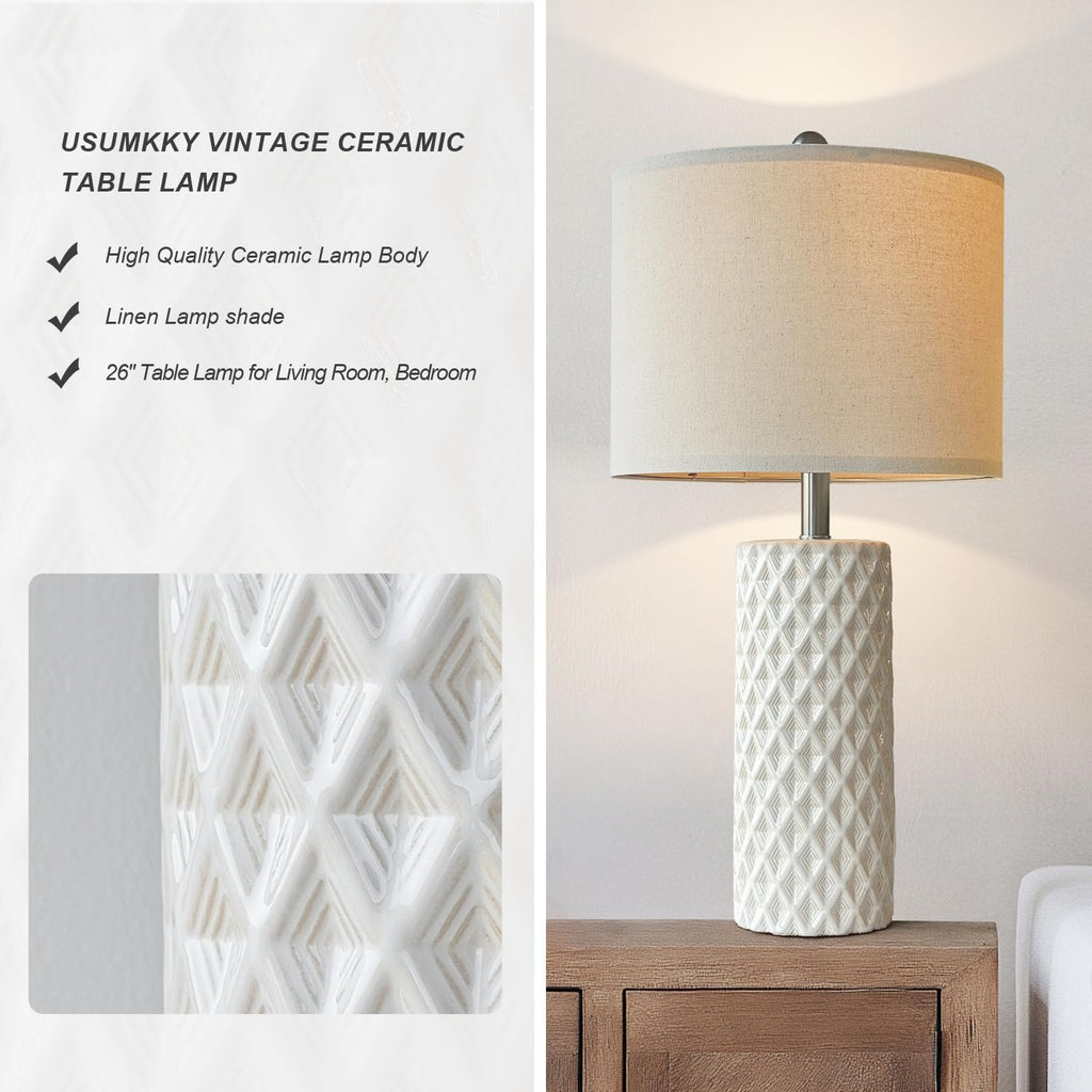 USumkky 26" Tall Table Lamp for Living Room -Vintage White Lamps Set of 2 Modern Ceramic Lamps for Night Stands, Bedside Lamp for End…