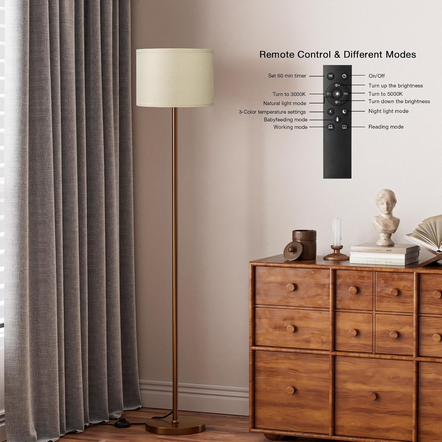 Ambimall Floor Lamps for Living Room with Remote Control and Stepless Dimmable Colors Temperature & Brightness, 9W Bulb Included(Beige…