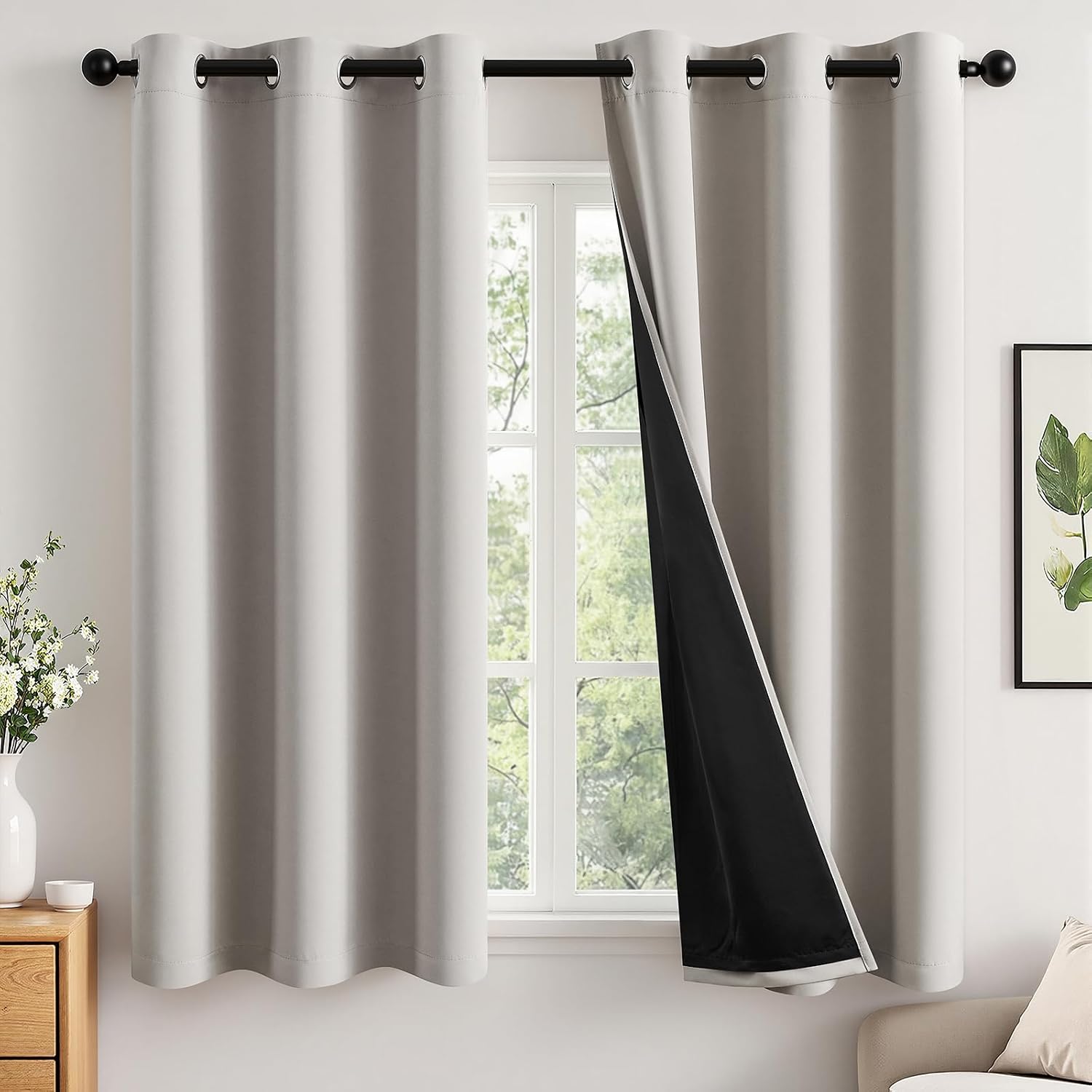 Miulee 100% Blackout Curtains for Bedroom 63 Inch Long, 2 Thick Layers Thermal Insulated Black Out Window Curtains with Black Liner, Noise…