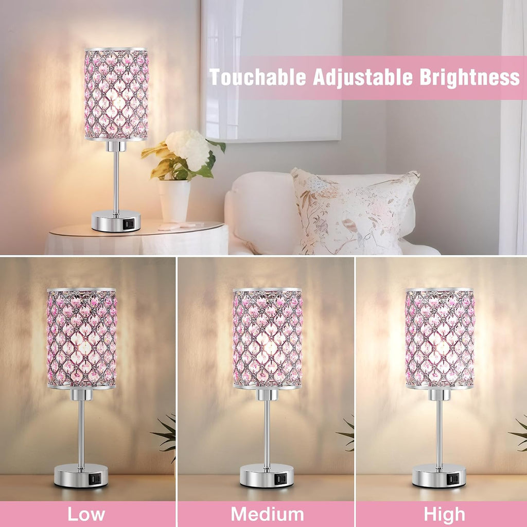GyroVu Crystal Table Lamp, Pink Touch Lamp with USB C+A Ports, Dimmable Lamp with Crystal Shade, Bedside Lamp Small Lamp for Girl…