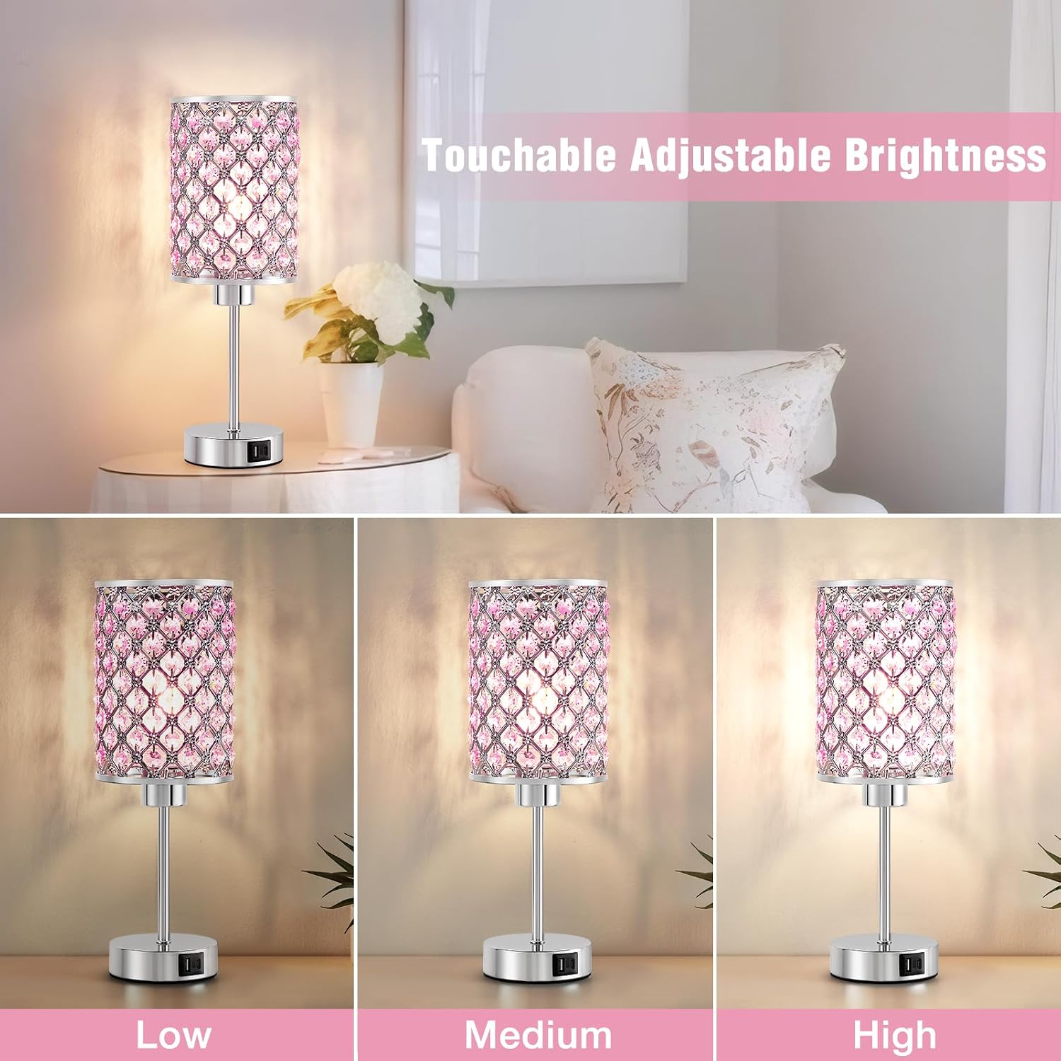 GyroVu Crystal Table Lamp, Pink Touch Lamp with USB C+A Ports, Dimmable Lamp with Crystal Shade, Bedside Lamp Small Lamp for Girl…