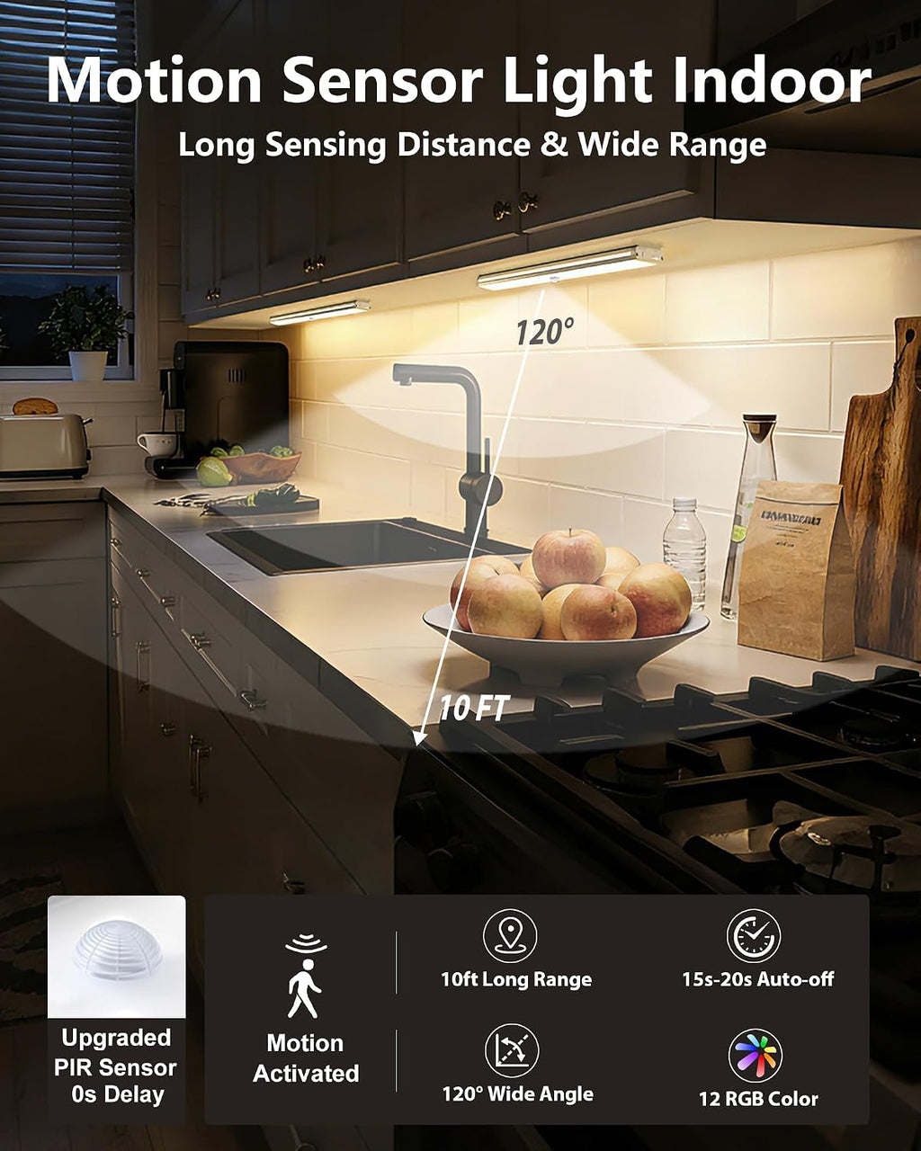 SZOKLED 58-LED Under Cabinet Lighting Wireless, RGB Motion Sensor Night Lights, Magnetic Under Cabinet Lights for Kitchen, Shelf, Stair…