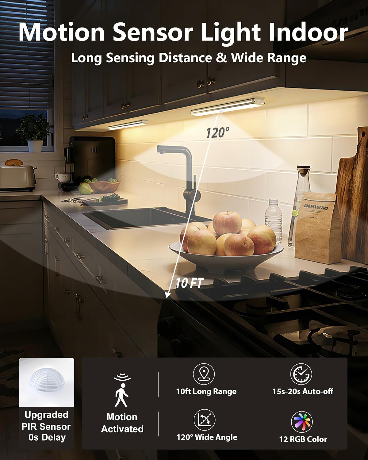 SZOKLED 58-LED Under Cabinet Lighting Wireless, RGB Motion Sensor Night Lights, Magnetic Under Cabinet Lights for Kitchen, Shelf, Stair…