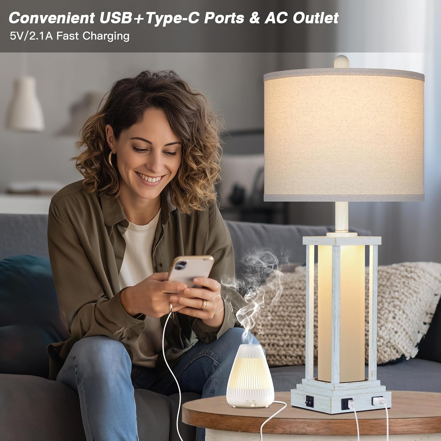 Cinkeda 27" Tall Vintage Table Lamp Set of 2 with USB C+A & Outlet, Nightstand Lamp for Living Room, Bedside Lamps with Frosted Glass Night…
