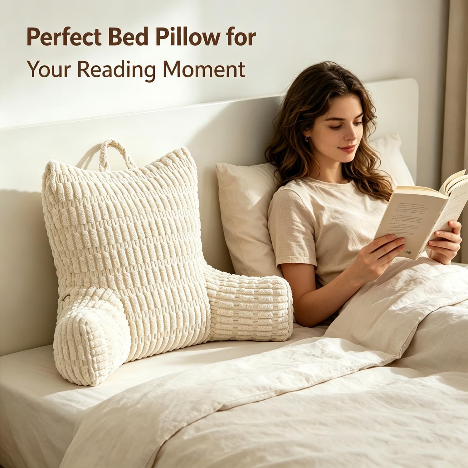 Neustern Corduroy Reading Pillow with Arms & Pocket, Memory Foam Washable Backrest Pillow for Bed Sitting Up, Support Pillow for Kids Adult…