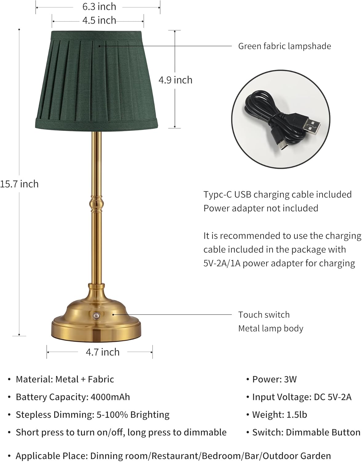 KDG Cordless LED Table Lamp Set of 2, Portables Fabric Shade Desk Lamps, 4000mAh Rechargeable Battery Powered Lighting, Dimmable Light…