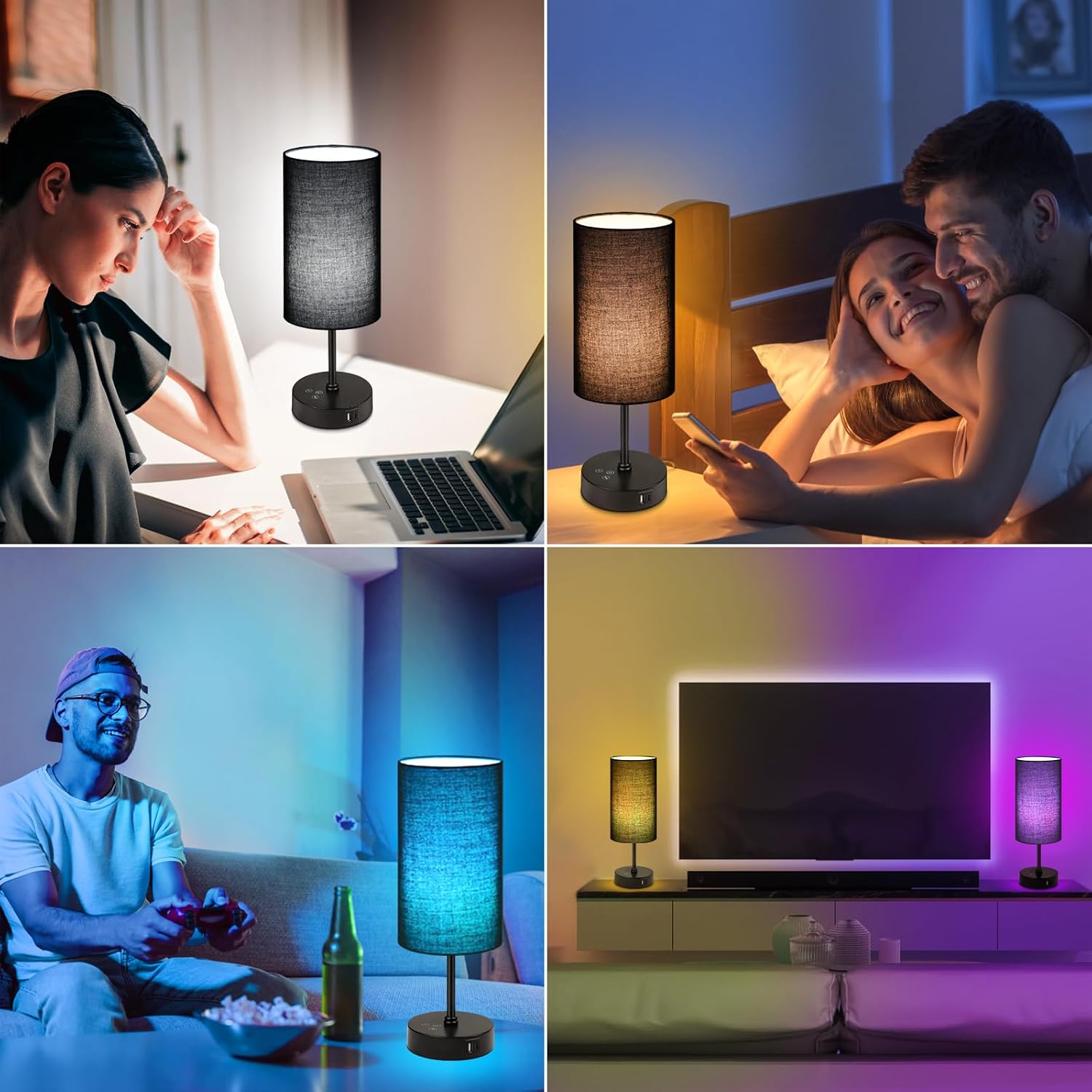Unicozin Table Lamp for Bedroom, 3 Color Temperatures, 7 RGB Colors, Adjustable Brightness, Dual USB Charging Ports, Ambience Nightstand…