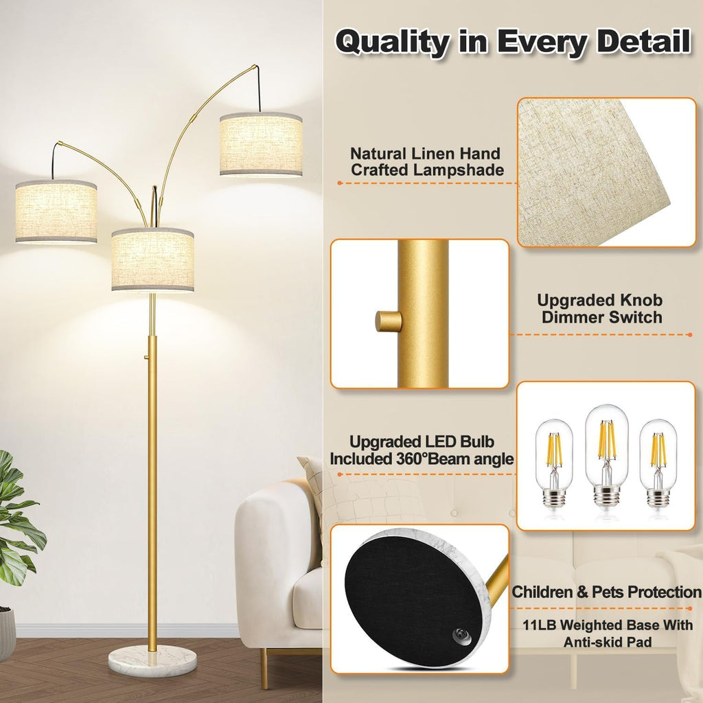 Dimmable Floor Lamp - 3 Lights Gold Arc Floor Lamps for Living Room, 1000LM Modern Tall Standing Lamp with White Shade&Marble Base, Mid…