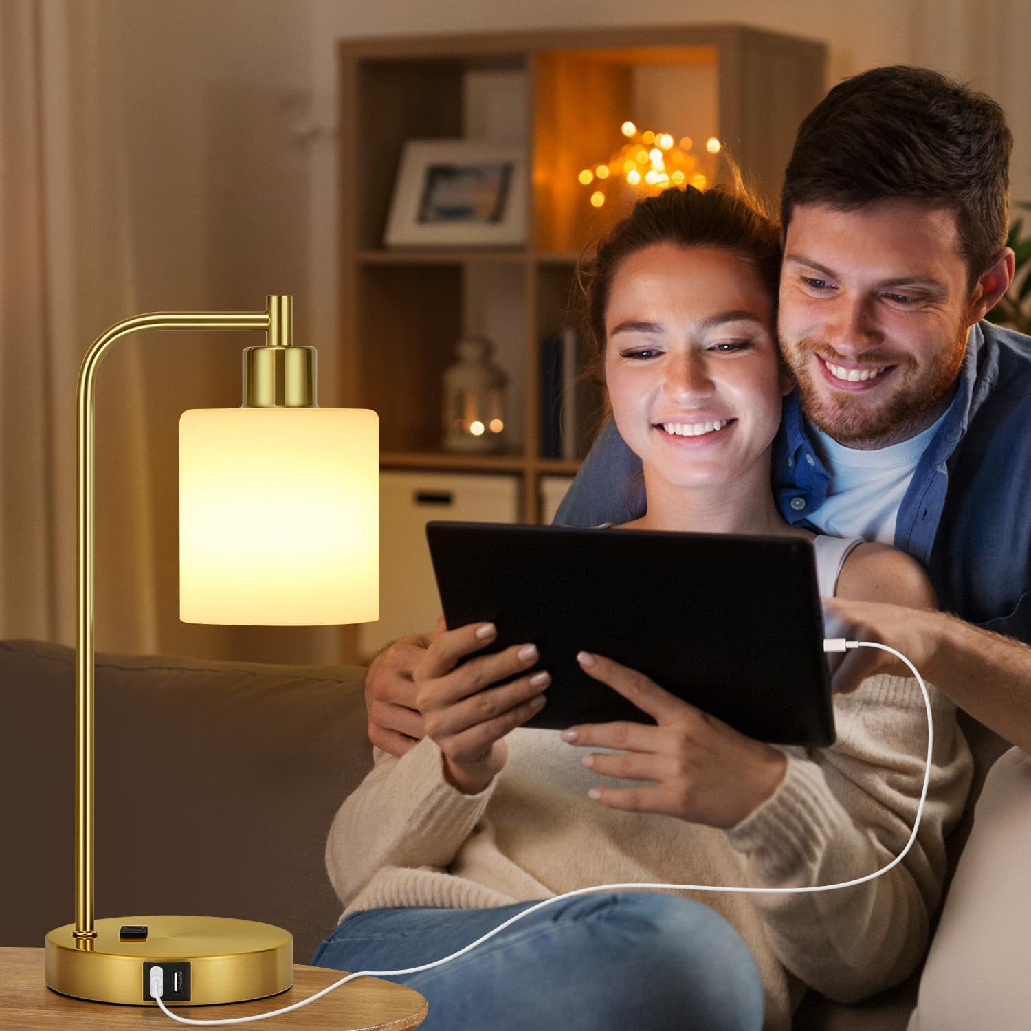 Set of 2 Industrial Touch Control Table Lamps with 2 USB Ports and AC Outlet - 3-Way Dimmable Gold Bedside Lamps Nightstand Desk Lamps…
