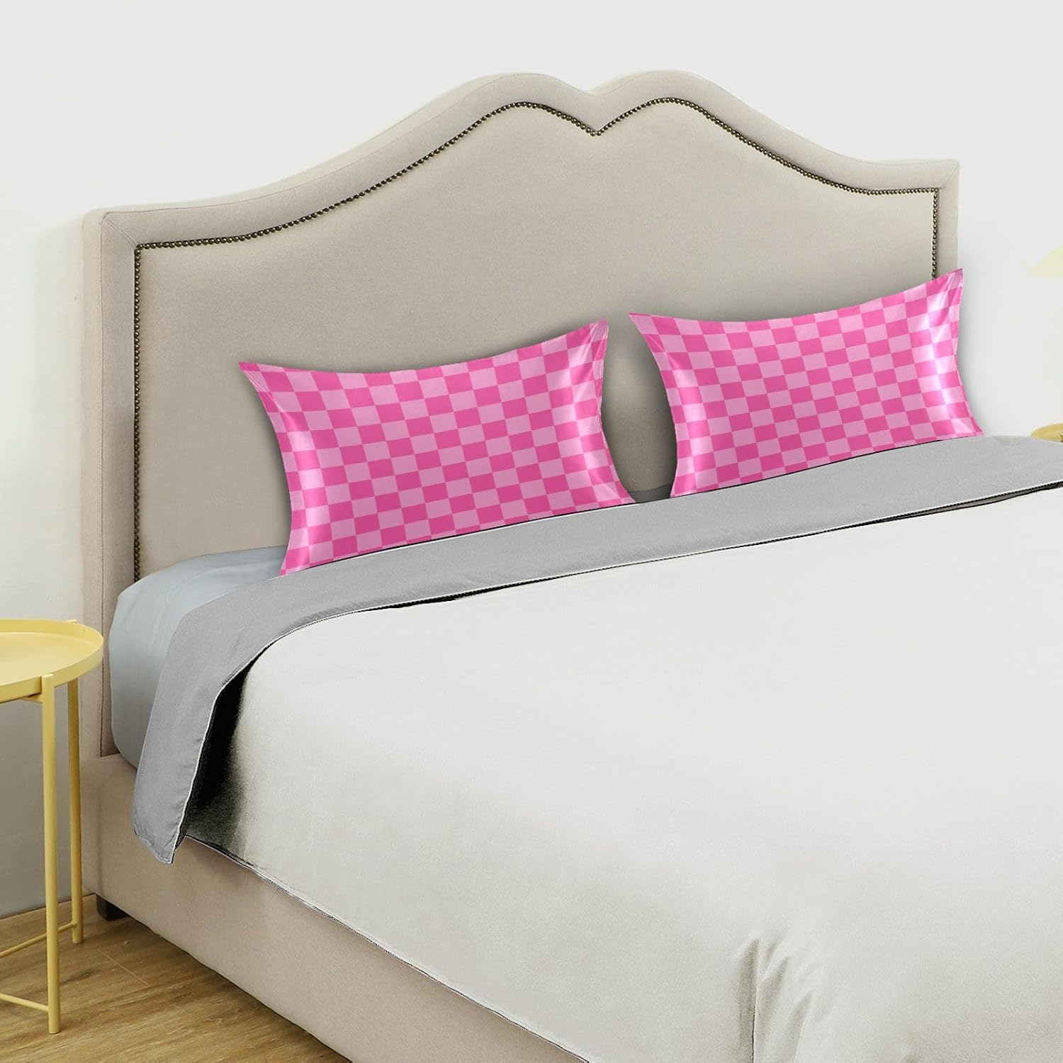 Pink Checkered Pillow Covers Silk Pillowcase for Hair and Skin Breathable Soft Cooling Satin Pillowcase Standard Size Pillow Case for…