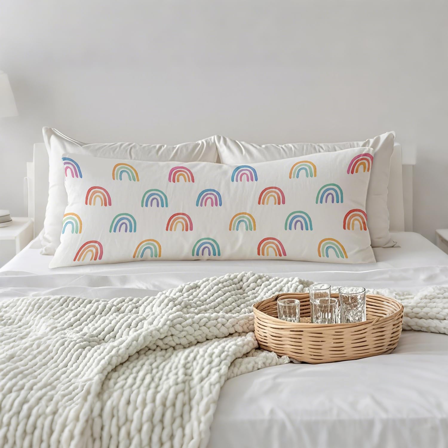 Boho Pastel Rainbow 20x54 Body Pillow Cover, Girl Nursery Decor, Boho Watercolor Rainbow Decorative Long Body Pillow Cases for Kids Girls…