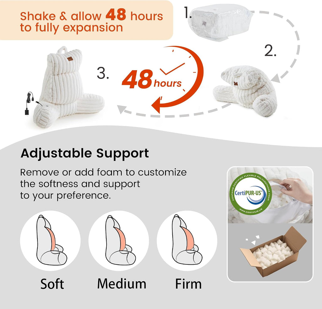Amélie Home Heated Faux Fur Reading Pillow 3 Temperature Backrest for Sitting in Bed Support Cushion, USB-Powered(No Power Bank Included)…