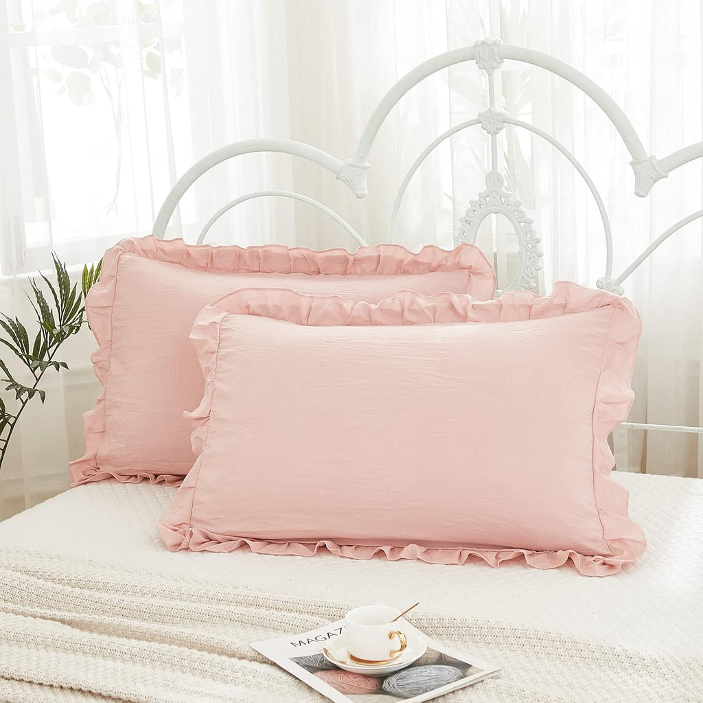 Merryword Pink Pillowcases King Pillowcases Ruffled Pillow Shams Set of 2 Cute Pillowcases Solid Ruffled Fringe Design Baby Pink Shabby Chi…