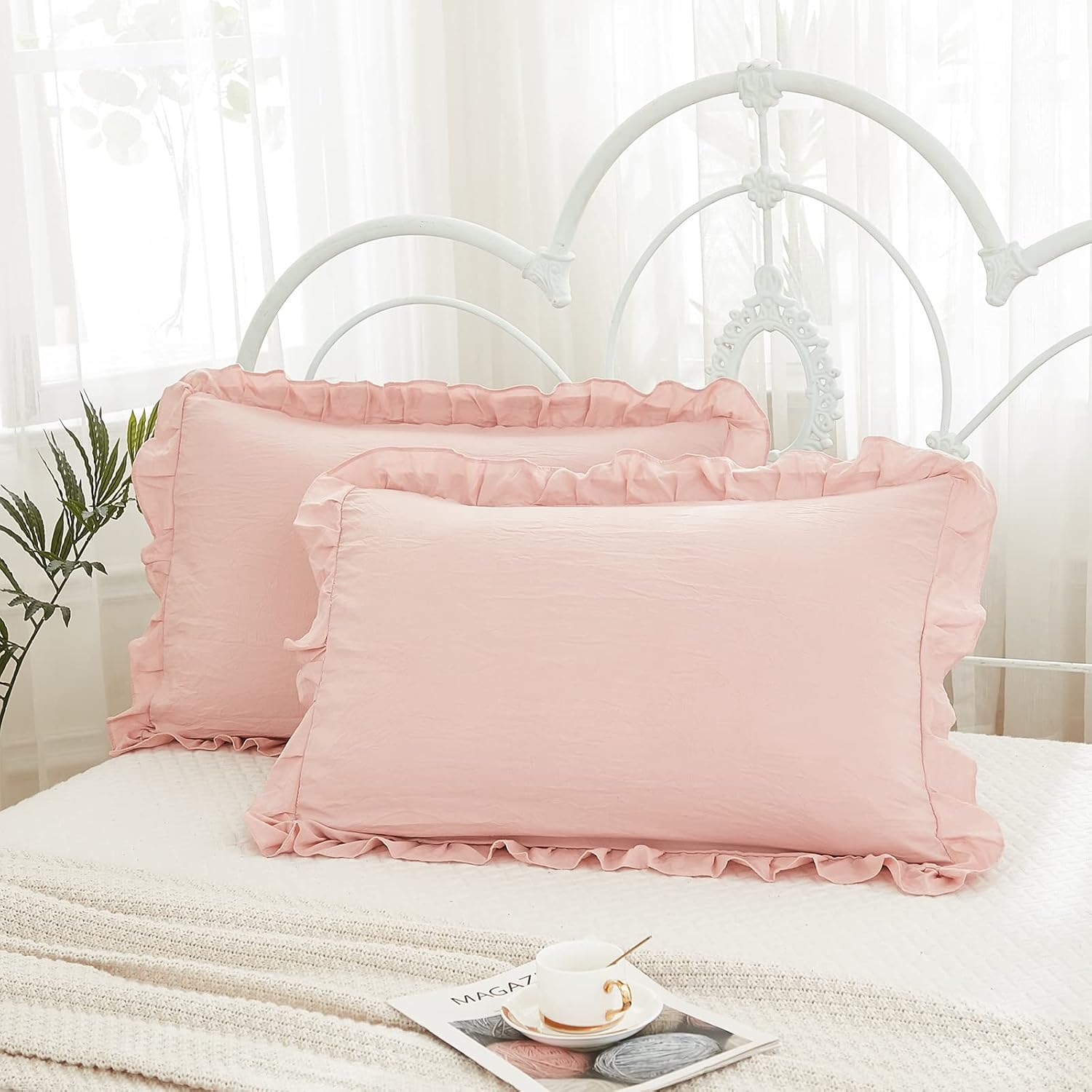 Merryword Pink Pillowcases King Pillowcases Ruffled Pillow Shams Set of 2 Cute Pillowcases Solid Ruffled Fringe Design Baby Pink Shabby Chi…