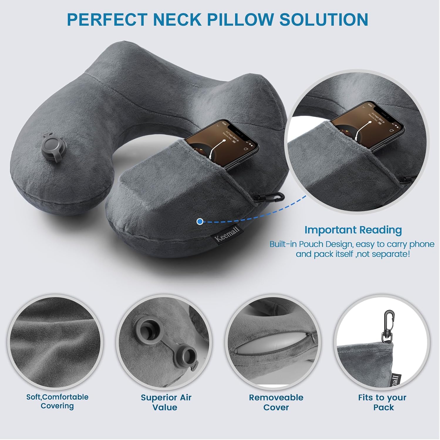 Keemall Inflatable Travel Pillows for Airplanes, Easy Blow Up Inflatable Travel Neck Pillows for Air Travel Sleeping Long Flight, Comfort…