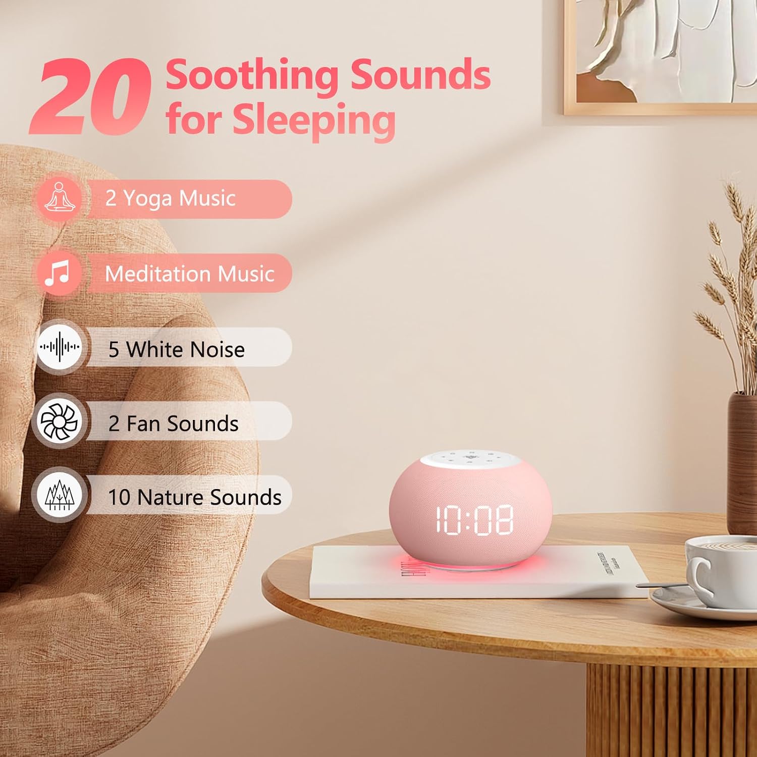 Reacher Auto Dimmable Sound Machine Alarm Clock with Night Lights, 20 Soothing Sounds, Sleep Timer, Precise Volume Control, Cute White…