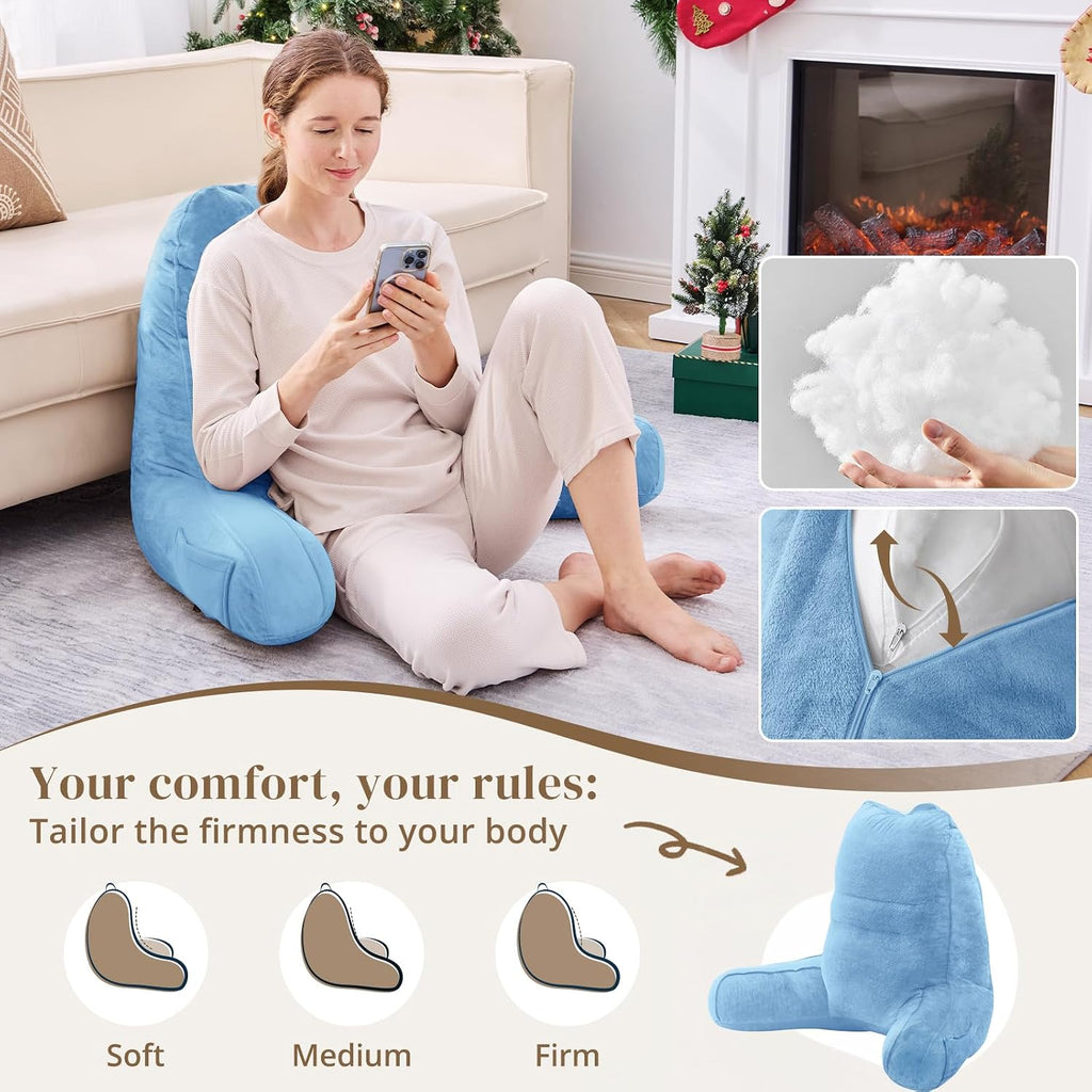 Sasttie Reading Pillow for Bed - 23 Inch, Back Pillow for Bed Sitting Up, Back-Rest Support Cushion with Side Pockets and Arms, Dorm Essent…
