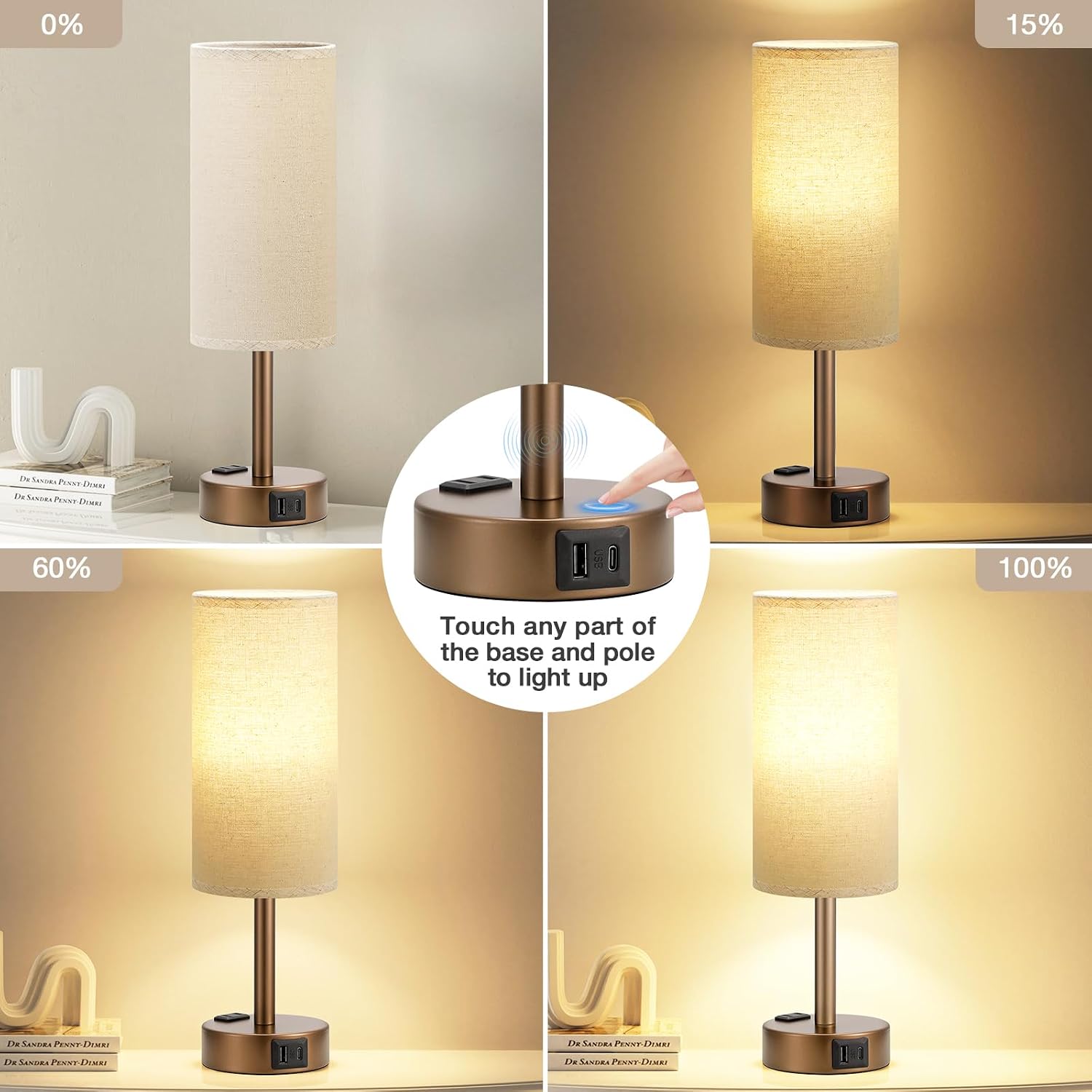 Fenmzee Brown Bedside Table Lamp for Bedroom - 3 Way Dimmable Touch Lamp USB C Charging Ports and AC Outlet, Small Lamp Round Flaxen…