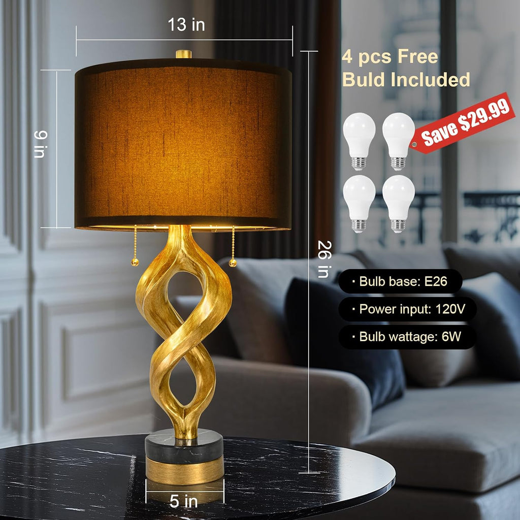 Sculptural Table Lamp Set of 2 for Bedroom, 26” Gold Leaf Farmhouse Bedside Lamps for Living Room, Pull Chains Switch Rustic Nightstand…