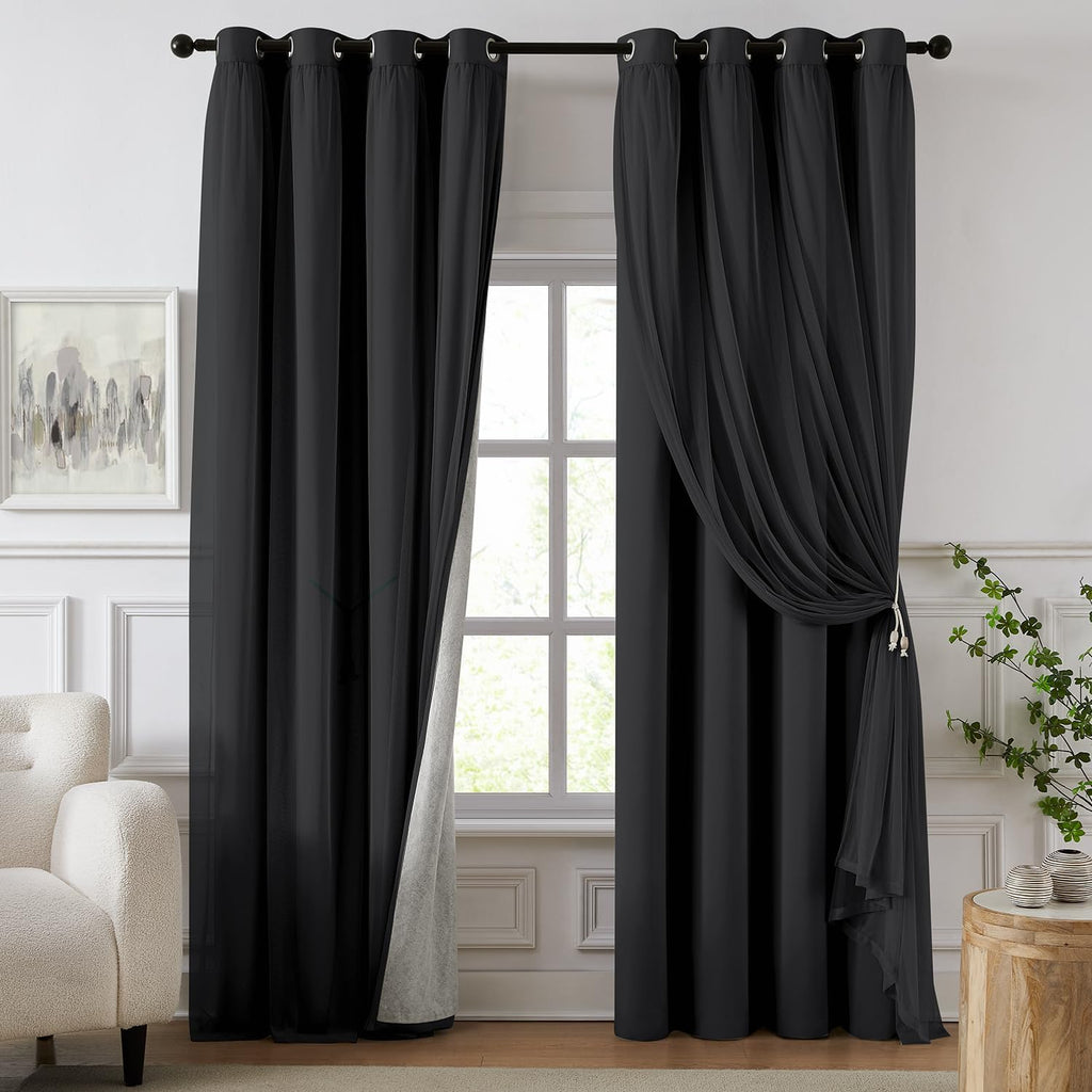 Swandream 100% Blackout Curtains for Bedroom, Double Layer Black Curtains, Black Out Curtain 108 inch long With Sheer Overlay for Living Ro…