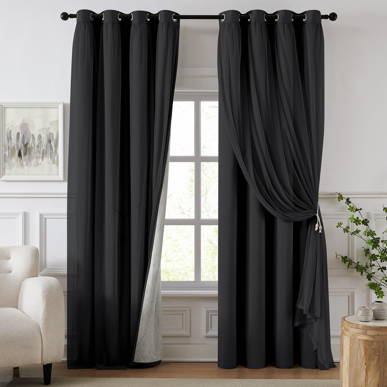 Swandream 100% Blackout Curtains for Bedroom, Double Layer Black Curtains, Black Out Curtain 108 inch long With Sheer Overlay for Living Ro…