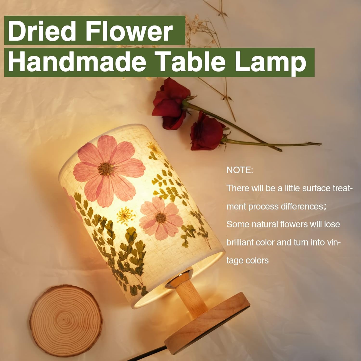 Dried Flowers Small Table Lamp 9W LED Dimmable Warm Light Pressed Flower Bedside Lamp Linen Shade with Wood Base for Bedroom Living Room…