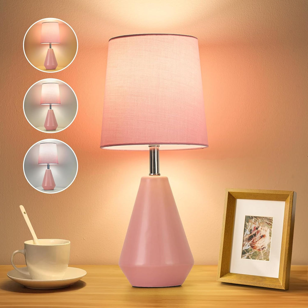 Small Bedside Table Lamp for Bedroom - Reading Desk Lamp with 3 Color Temperatures,15.5" Nightstand Ceramic Lamp with Fabric Shade for…