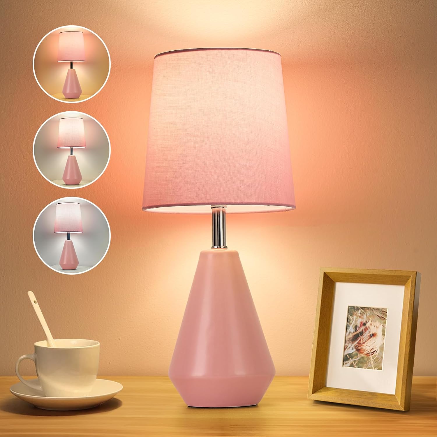 Small Bedside Table Lamp for Bedroom - Reading Desk Lamp with 3 Color Temperatures,15.5" Nightstand Ceramic Lamp with Fabric Shade for…