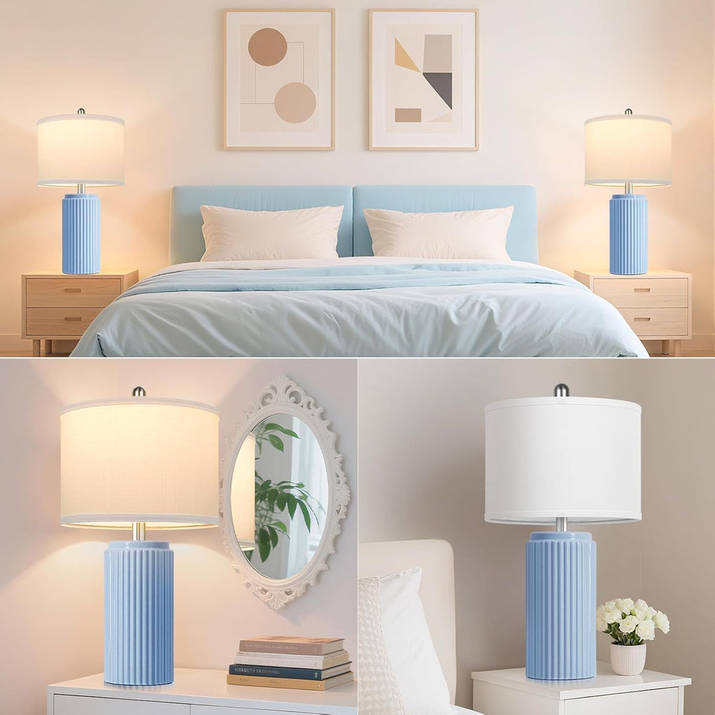 Tobusa 23.5’’ Sky Blue Farmhouse Table Lamps for Living Room Set of 2, Modern Elegant Ceramic Bedside Nightstand Lamps with White Linen Sha…