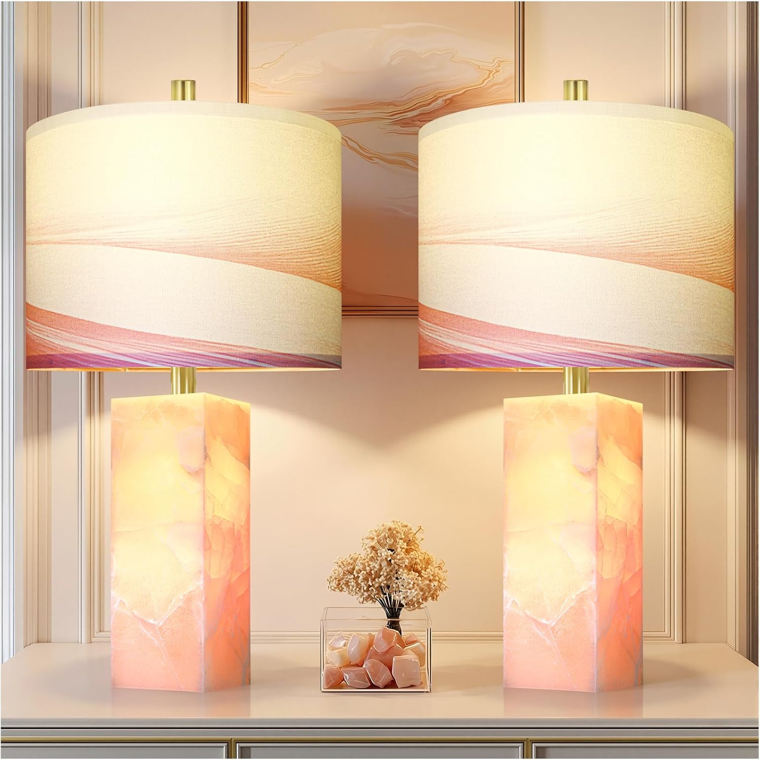 Scenekoy 23" Alabaster Table Lamp Set of 2 with Night Light for Bedroom Living Room, Rotary Switch, Pink Modern Table Lamp with Linen…