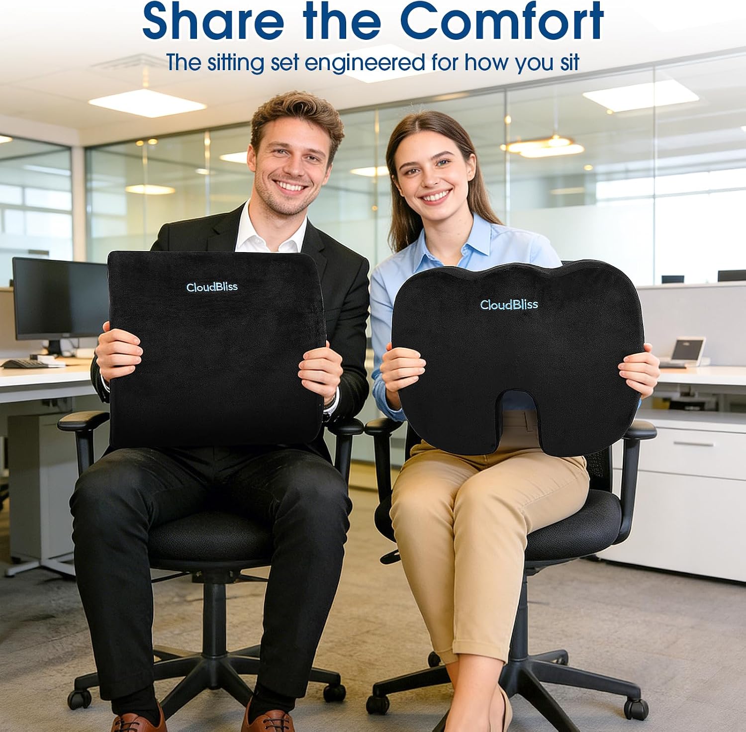 CloudBliss Lumbar Support Pillow & Seat Cushion Set for Office Chair, Desk Chair, Wheelchair & Car – Memory Foam Back Support, Ergonomic Ch…