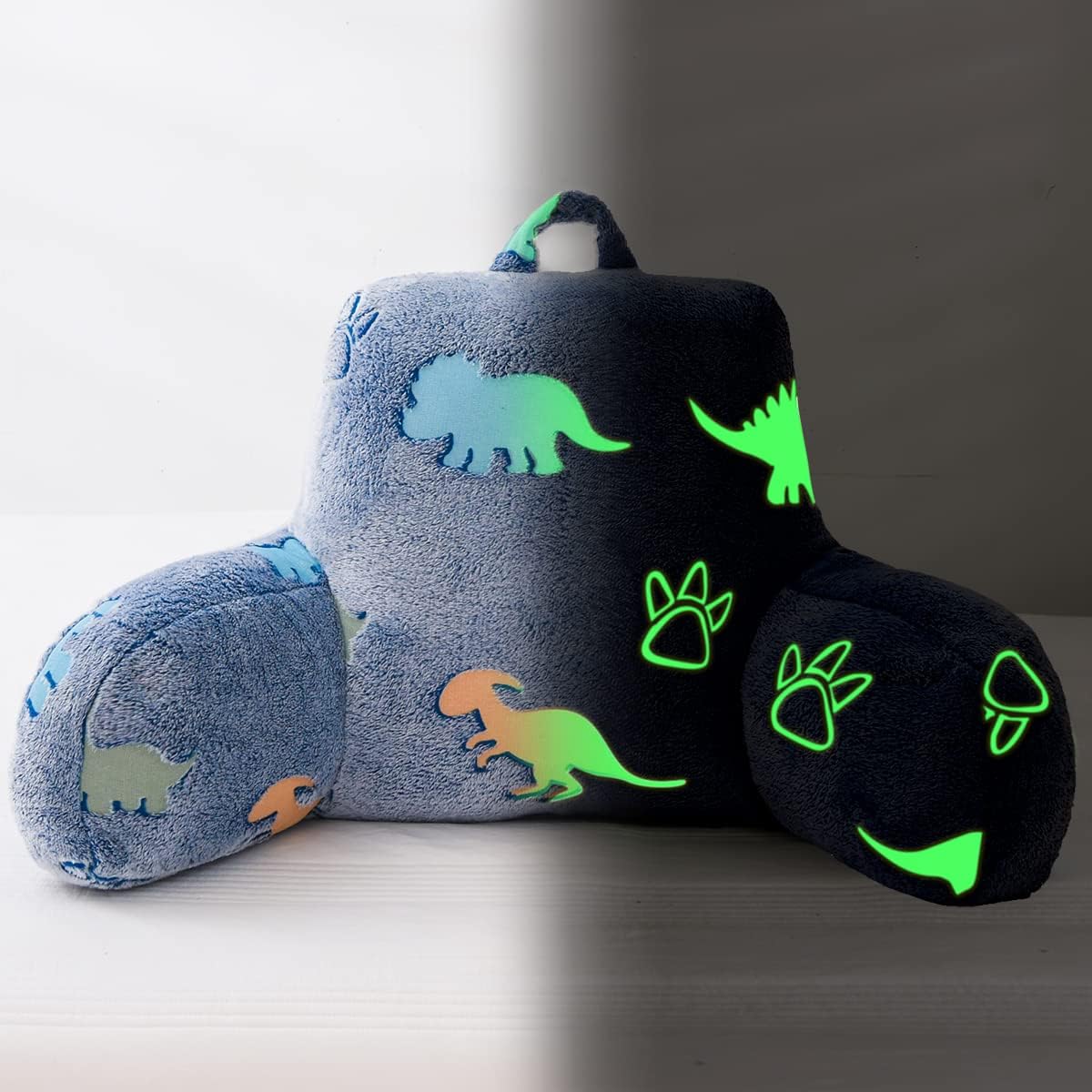 Holawakaka Glow in The Dark Reading Pillow for Sitting up in Bed Sofa Kids Teens, Luminous Dinosaurs Backrest Pillow with Arms, Boys…